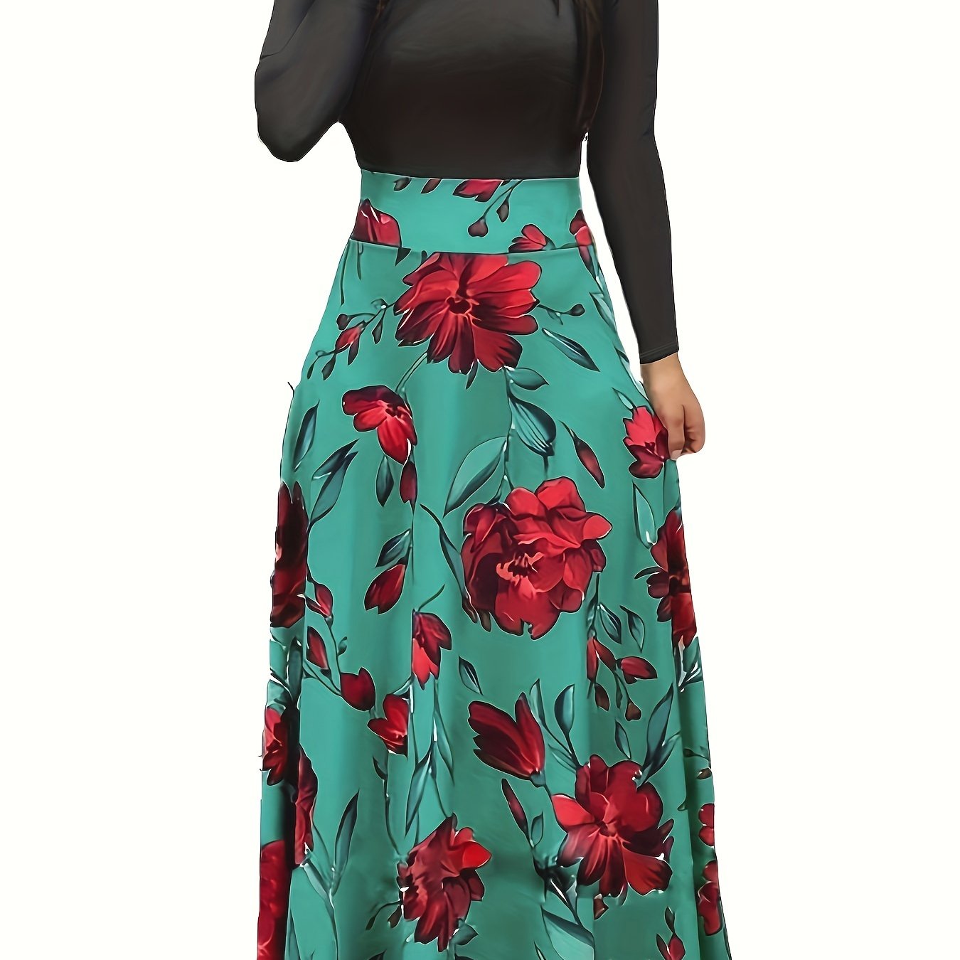 gbolsos Floral Print Long Sleeve Dress, Elegant Crew Neck Pleated Maxi Dress, Women's Clothing