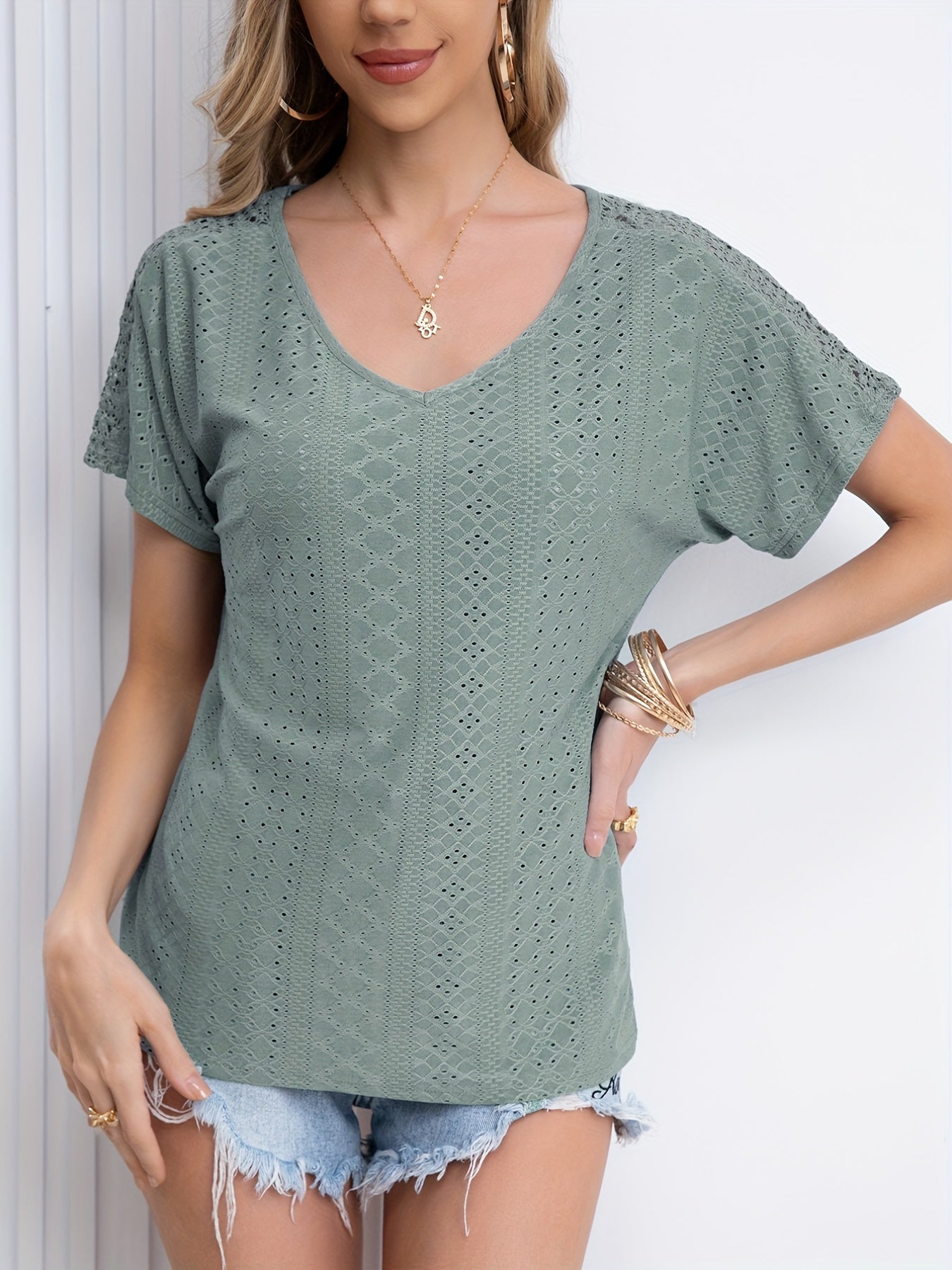 gbolsos V Neck Eyelet T-Shirt, Solid Short Sleeve Casual Top For Summer & Spring, Women's Clothing