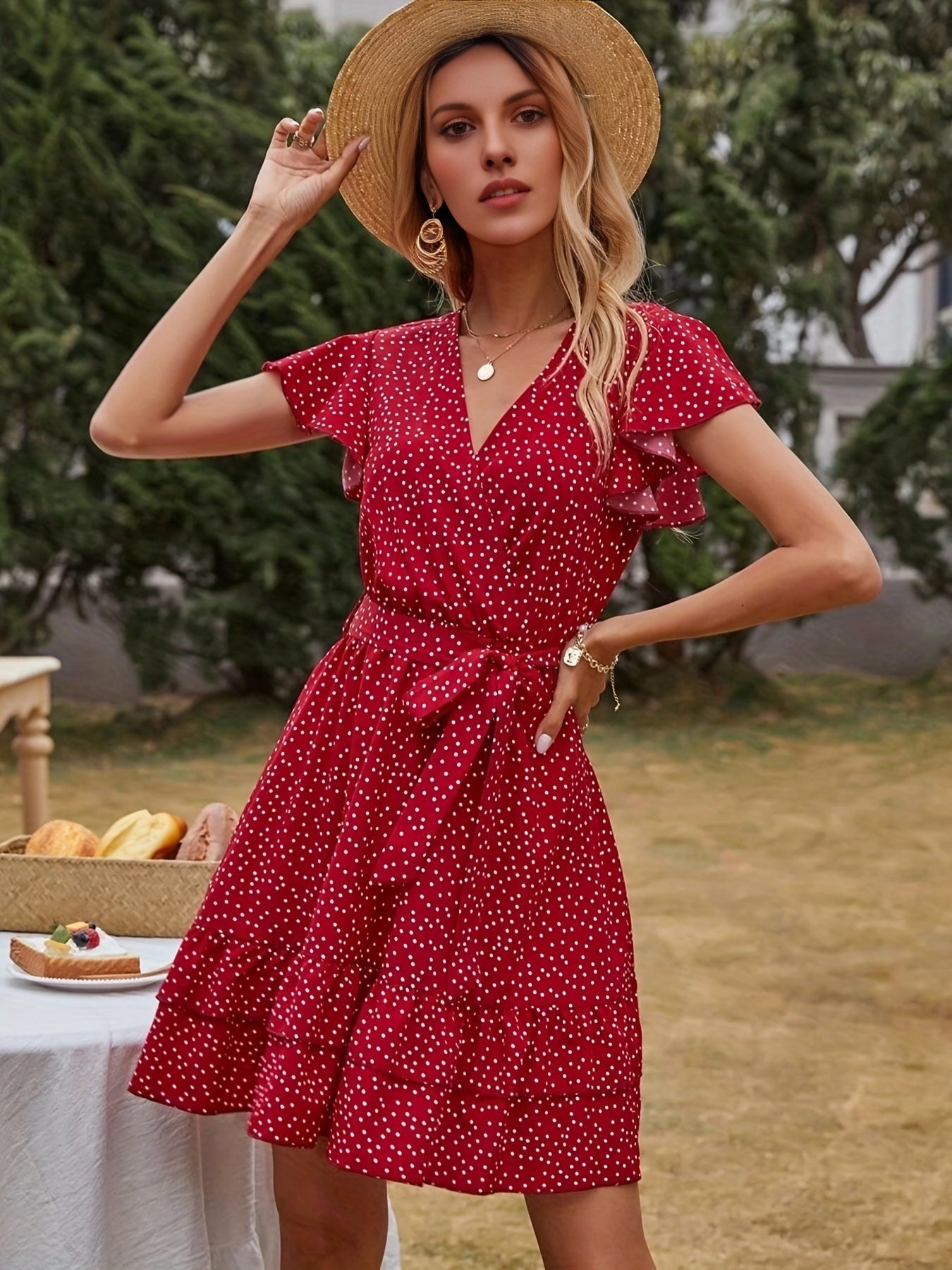 Polka Dot Flutter Sleeve Dress, Casual Layered Hem Dress For Spring & Summer, Women's Clothing