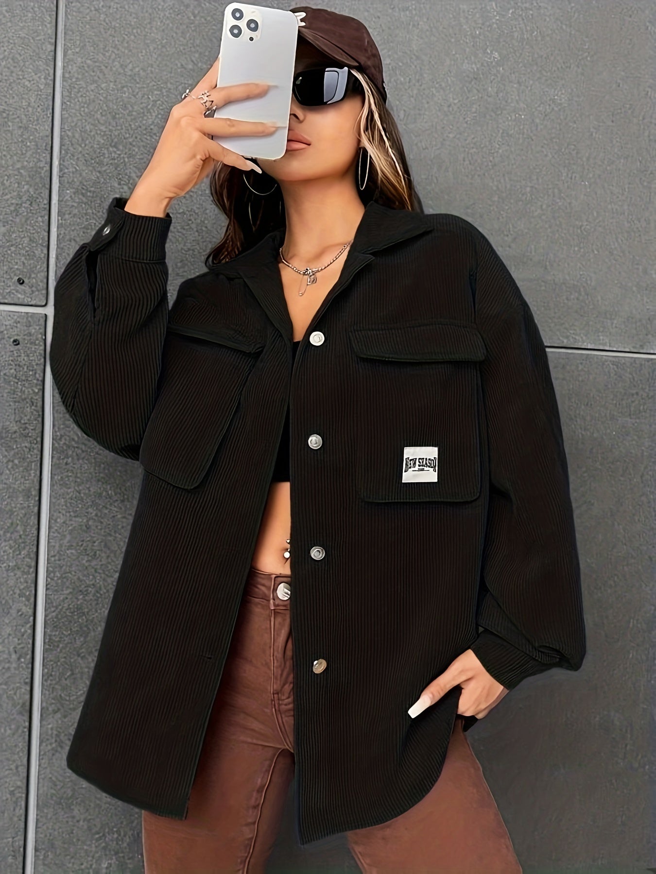 gbolsos Button Front Simple Jacket, Casual Long Sleeve Outerwear With Pockets, Women's Clothing