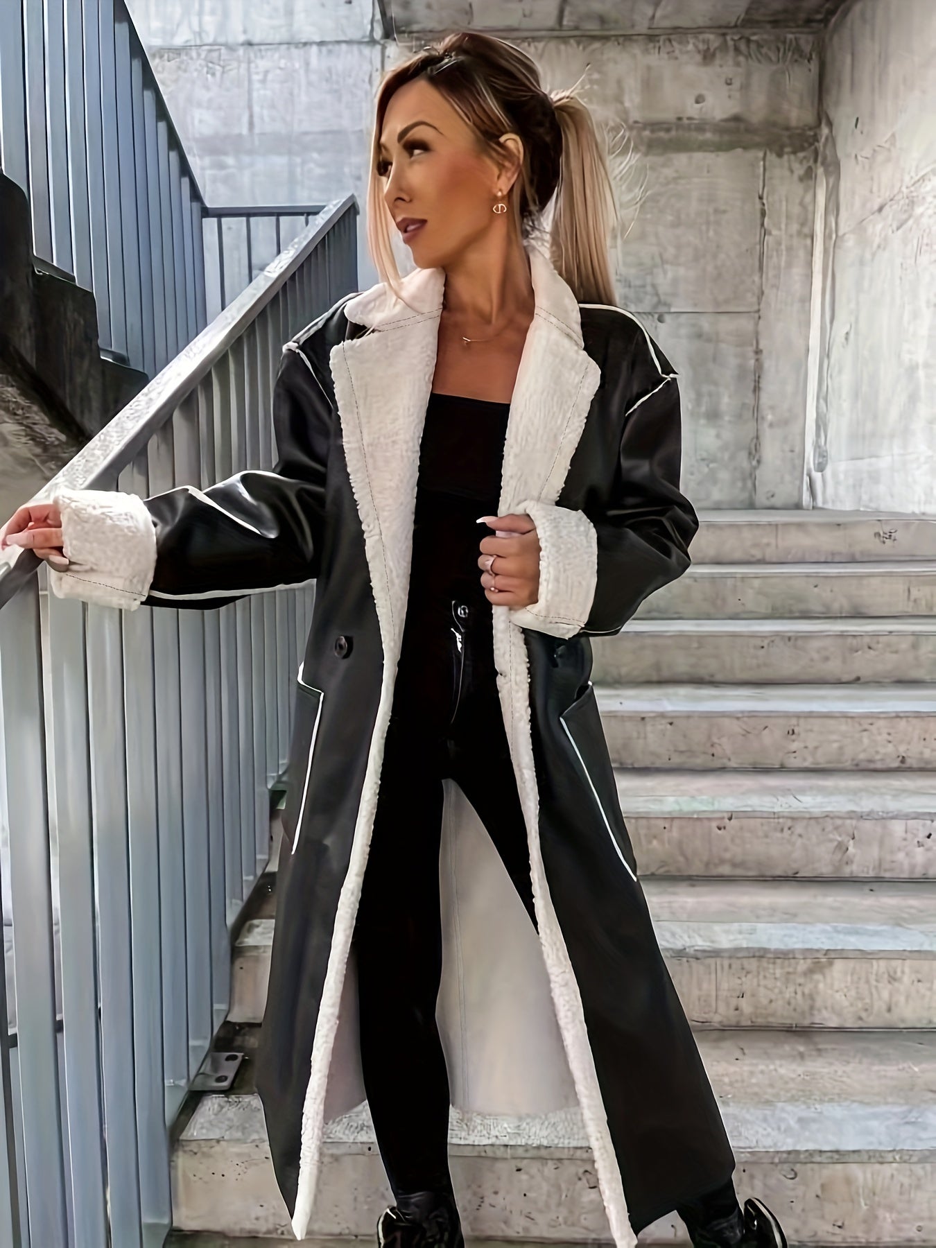 gbolsos Contrast Trim Faux Leather Overcoat, Vintage Lapel Long Sleeve Patched Pockets Belted Overcoat, Women's Clothing