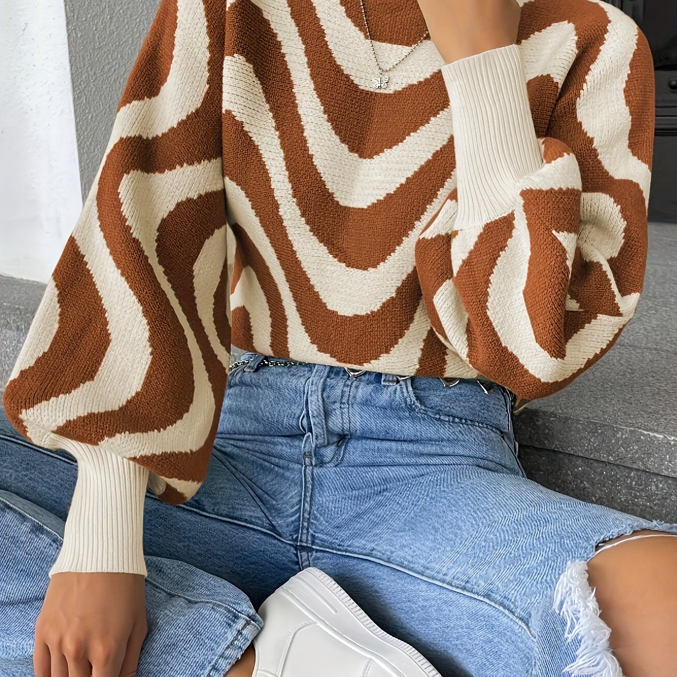 gbolsos Striped Boat Neck Pullover Sweater, Casual Lantern Sleeve Slim Sweater, Women's Clothing