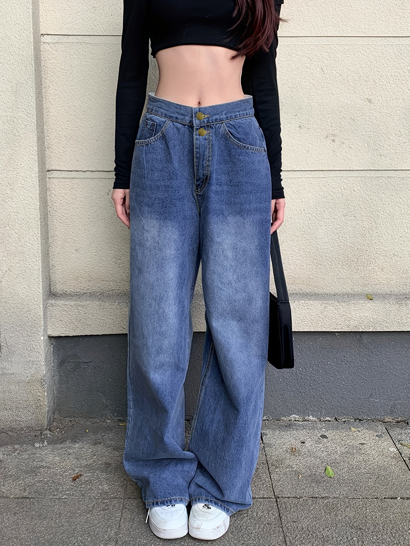 gbolsos Blue Flipped Waist Design Straight Jeans, Loose Fit Double Button Wide Legs Jeans, Women's Denim Jeans & Clothing