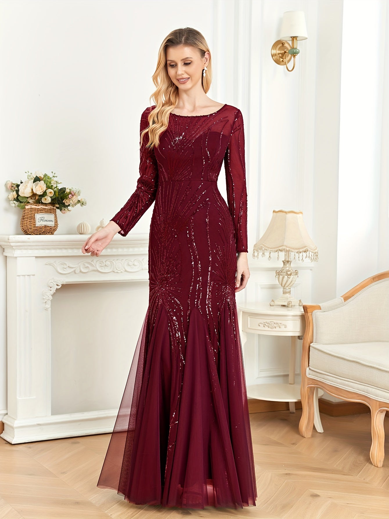gbolsos Sequined Ruffle Mesh Splicing Dress, Elegant Long Sleeve Crew Neck Mermaid Hem Dress For For Party & Banquet, Women's Clothing