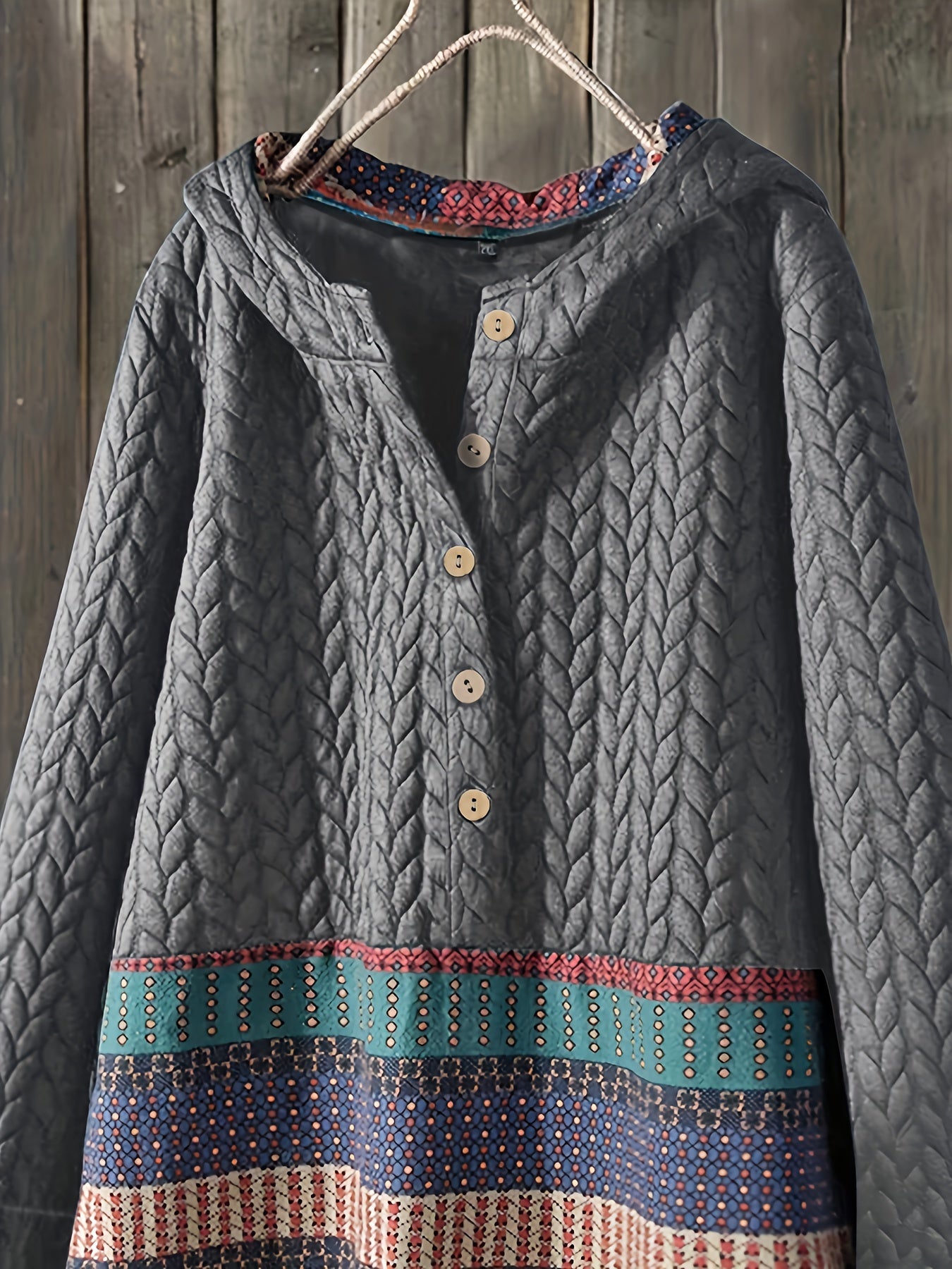 gbolsos Tribal Print Long Sleeve Hooded Padded Jacket, Casual Button Front Loose Hem Outerwear, Women's Clothing