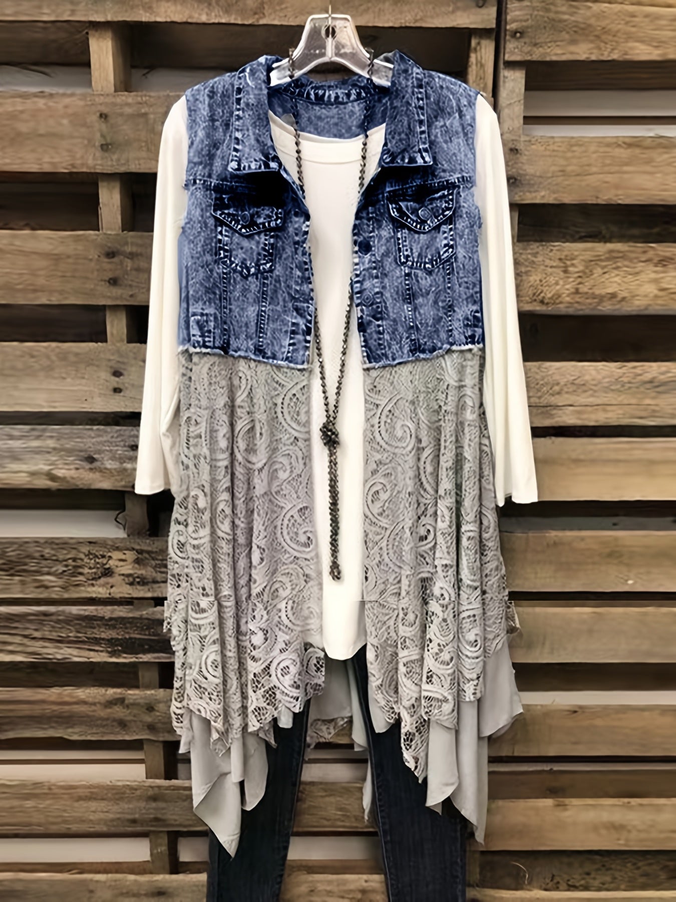 Lace High Low Trim Denim Vest Dress, Flap Pockets Raw Hem Lady Distressed Vest Dress, Women's Denim & Clothing