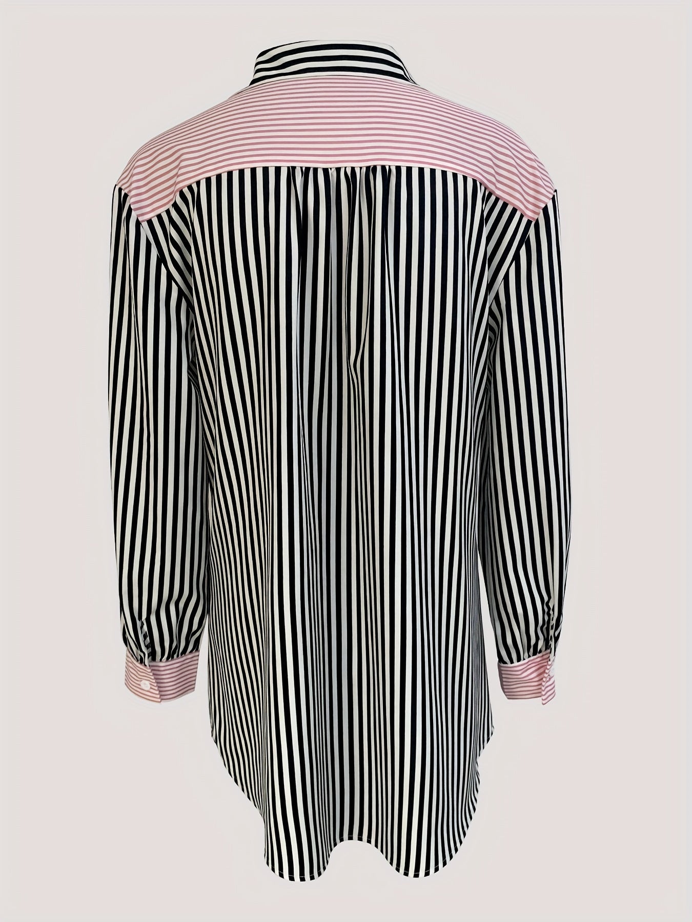 gbolsos Colorblock Striped Polo Collar Button Shirt, Casual Pocket Long Sleeve Shirt For Spring & Fall, Women's Clothing