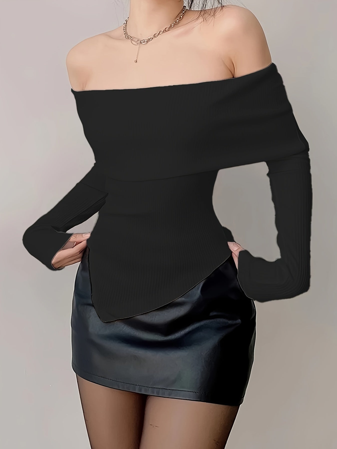 gbolsos Solid Ribbed Off Shoulder T-Shirt, Casual Long Sleeve Top For Spring & Fall, Women's Clothing