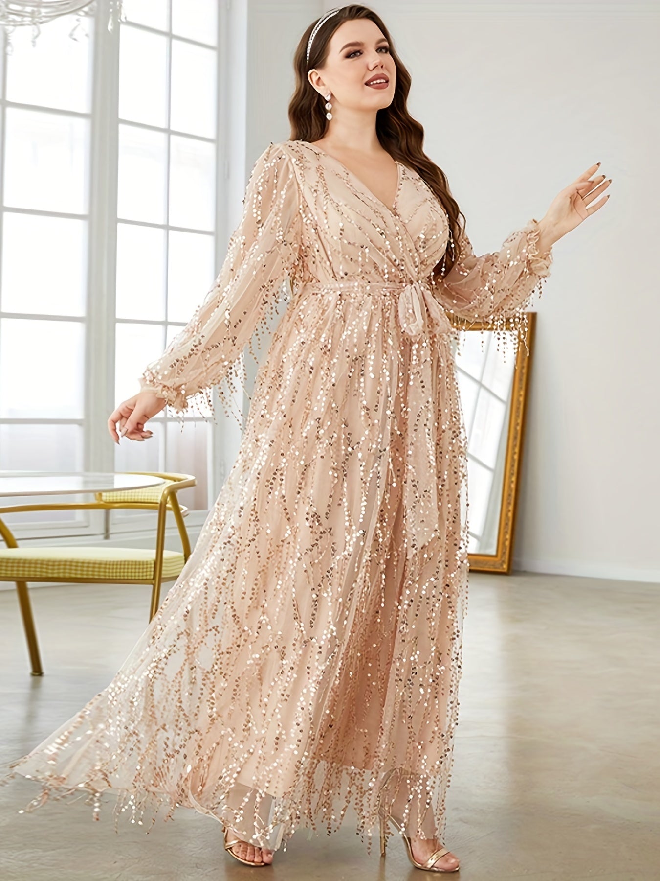 gbolsos Plus Size Elegant Bridesmaid Dress, Women's Plus Sequin Fringe Decor Lantern Sleeve Surplice Neck Belted Formal Party Maxi Dress