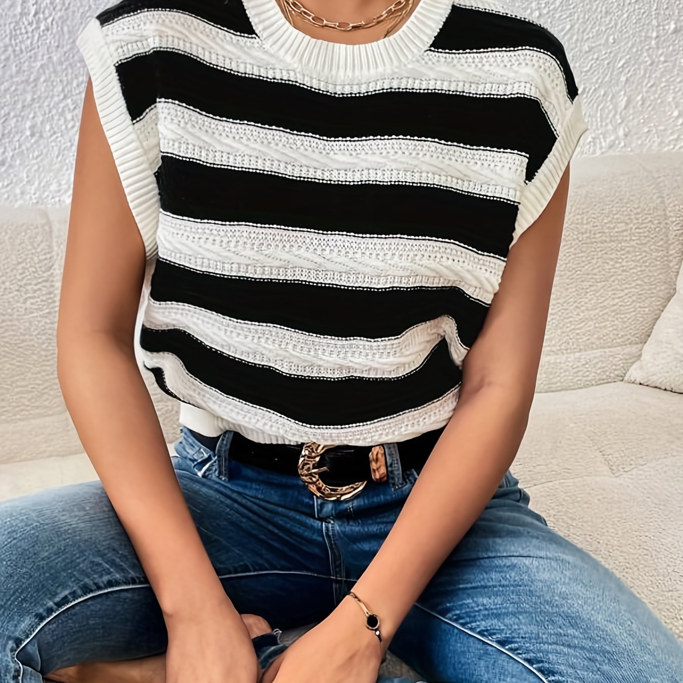 gbolsos Striped Crew Neck Sweater Vest, Casual Sleeveless Vest For Spring & Fall, Women's Clothing