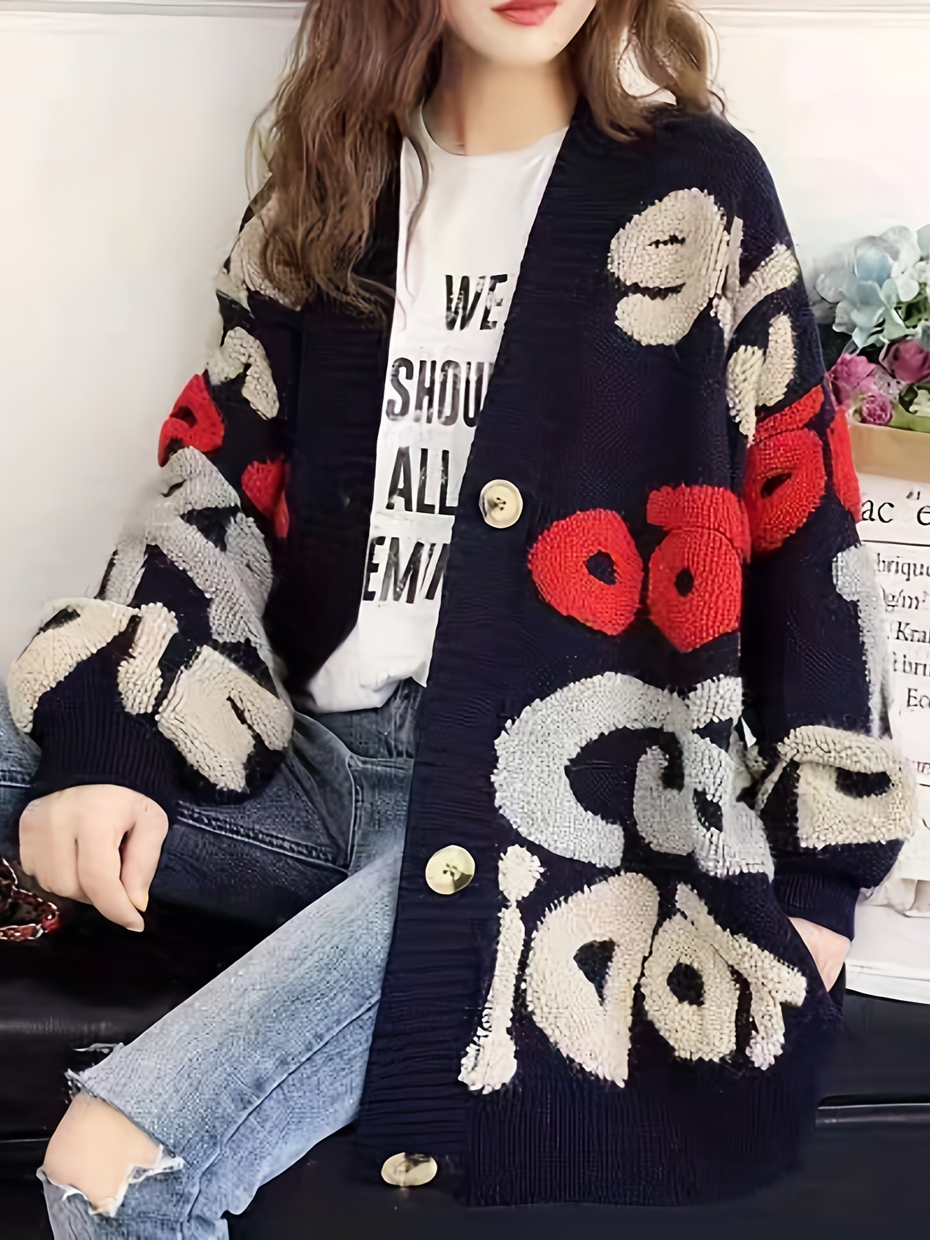 gbolsos Letter Pattern Button Down Knit Cardigan, Casual Long Sleeve Loose Thick Sweater Jacket, Women's Clothing