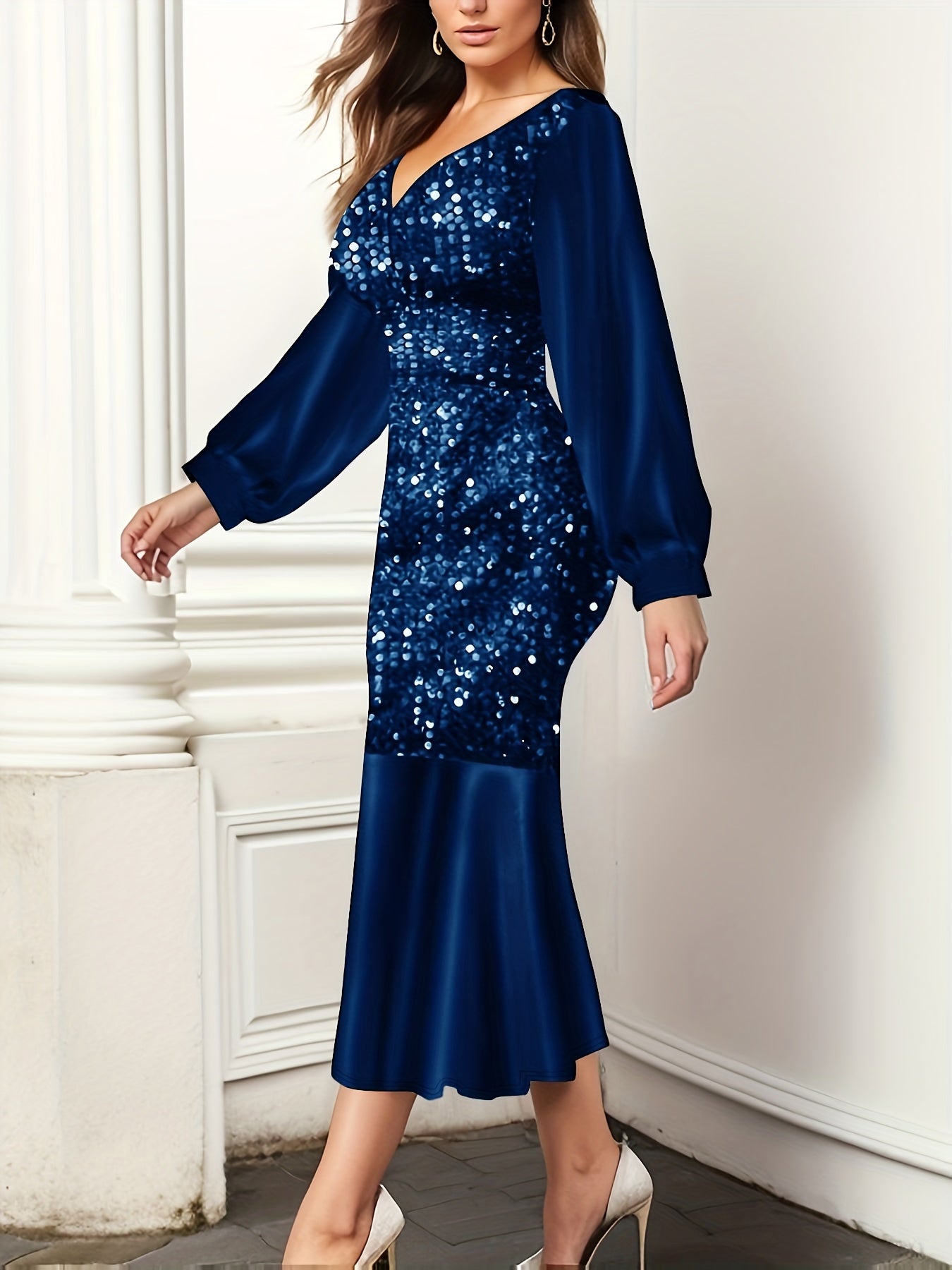 gbolsos Sequined Mermaid Hem Dress, Elegant Long Sleeve V Neck Dress For Party & Banquet, Women's Clothing