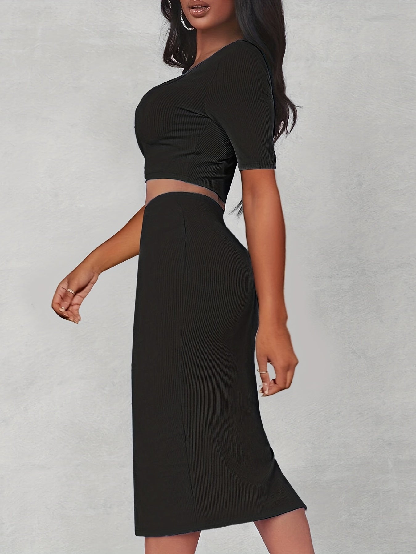 gbolsos Sexy Matching Two-piece Skirt Set, Square Neck Crop Top & Split Bodycon Skirt Outfits, Women's Clothing