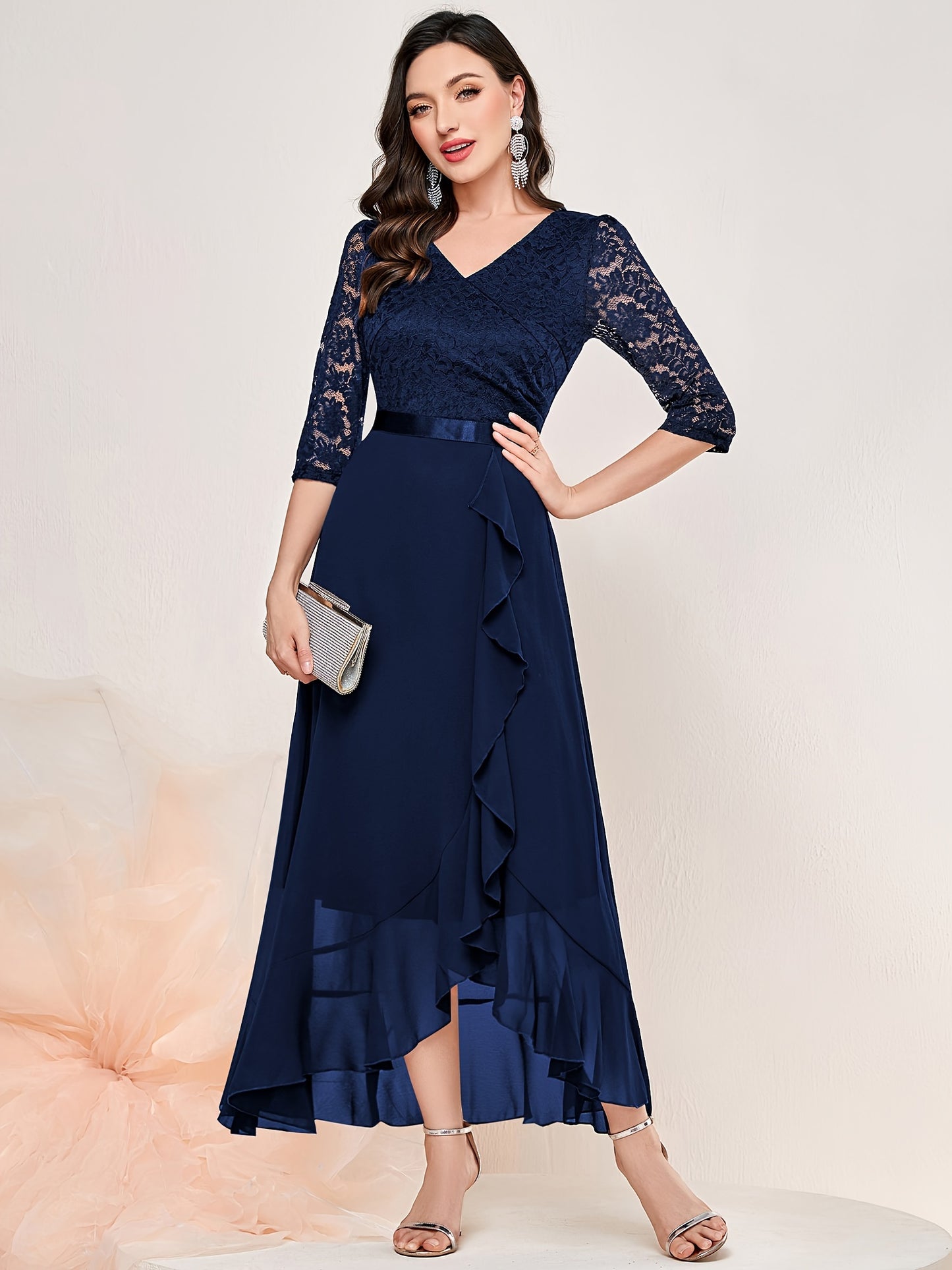gbolsos Solid V Neck Lace Splicing Dress, Elegant Ruffle Trim Dress For Wedding & Banquet, Women's Clothing