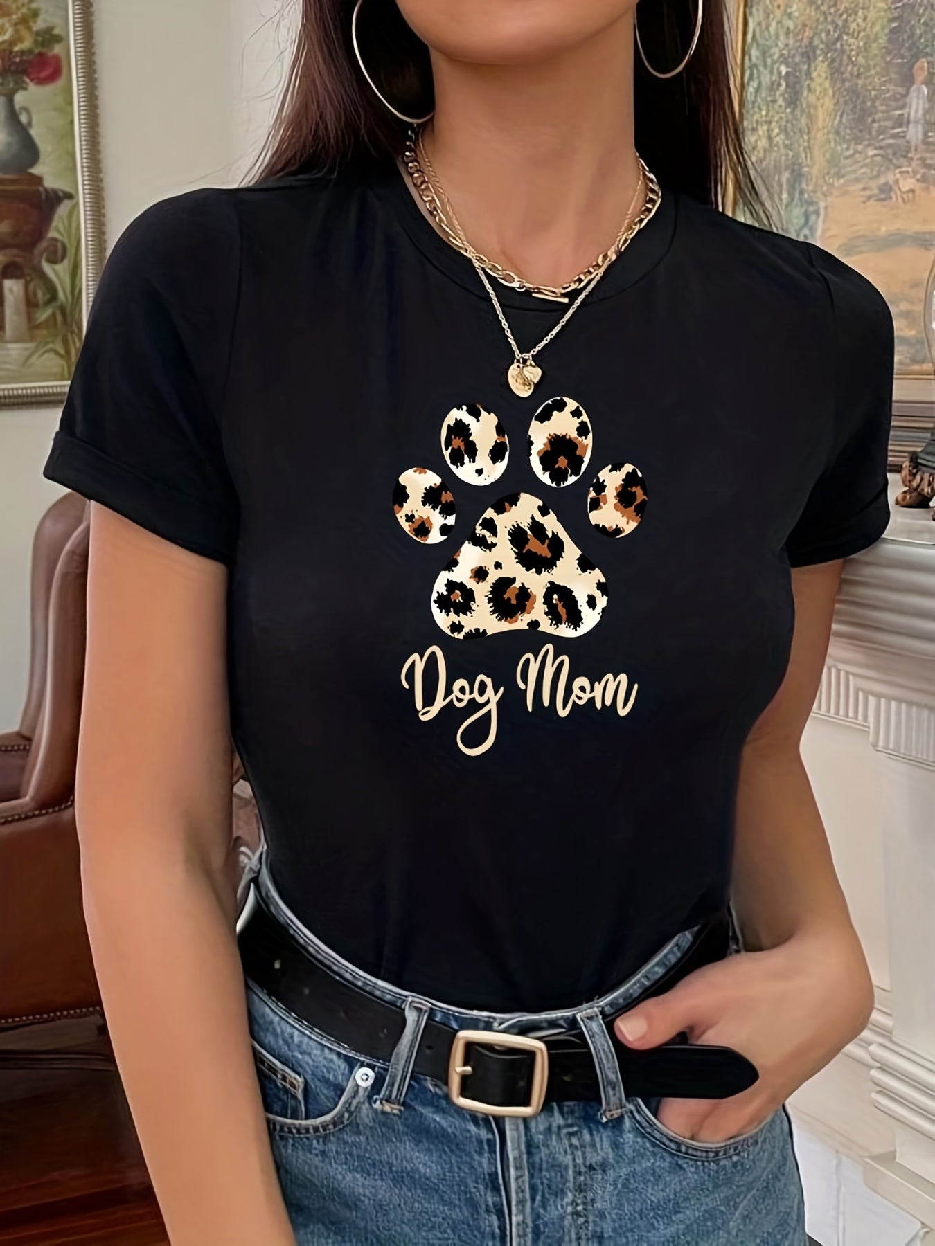 gbolsos Women Funny Leopard Print Dog Mama Graphic Tee, Summer Casual Crew Neck T-shirt, Women's Clothing