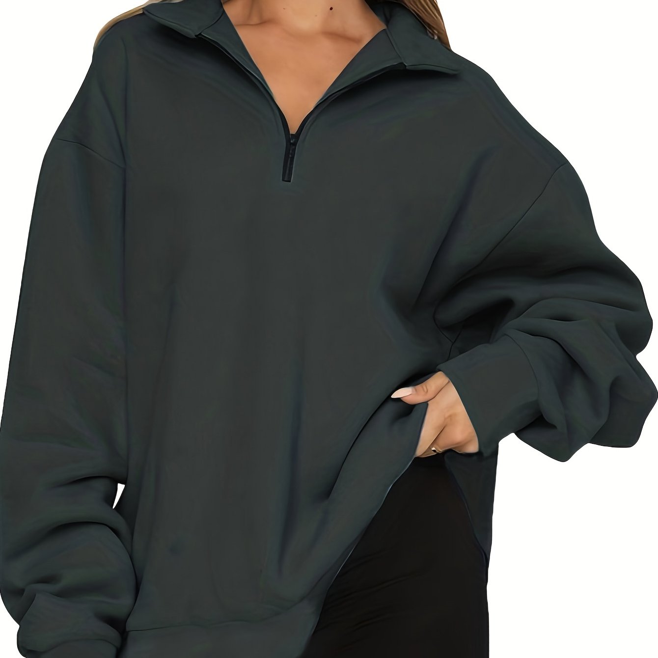 Quarter Zip Lapel Neck Sweatshirt, Casual Sporty Long Sleeve Sweatshirt For Fall & Winter, Women's Clothing