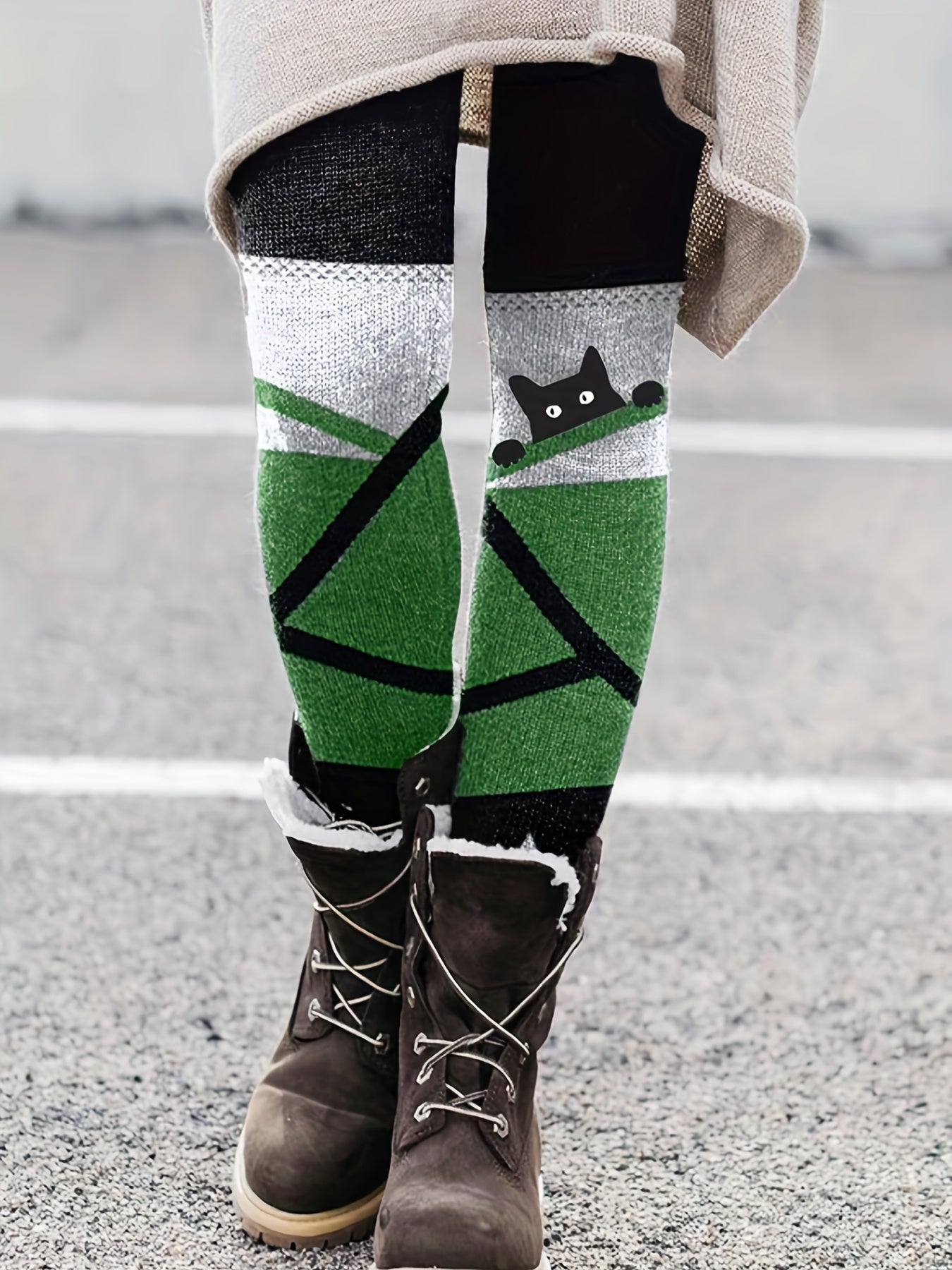 gbolsosCat & Stripe Print Skinny Leggings, Casual Every Day Stretchy Leggings, Women's Clothing