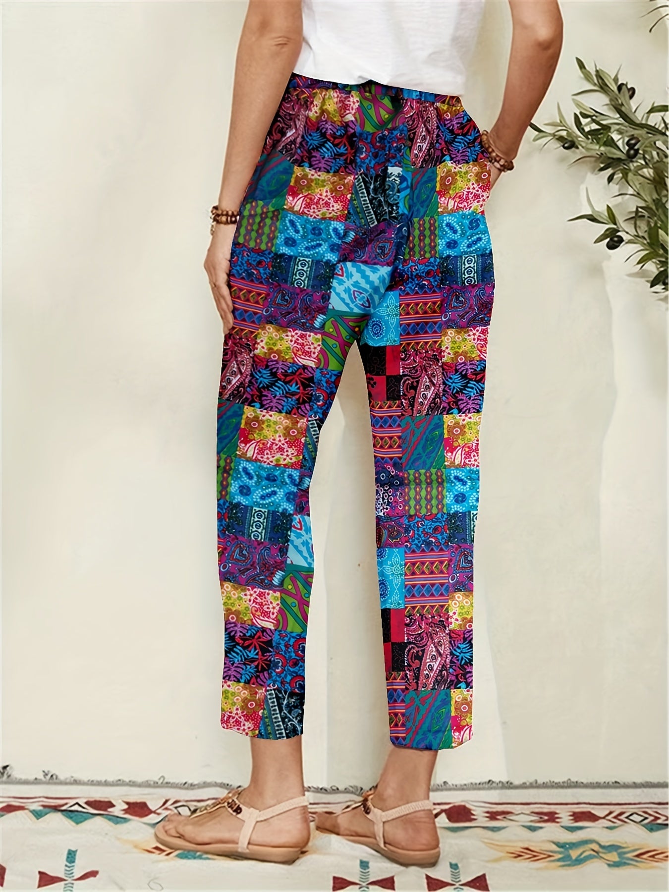 Patchwork Print Elastic Waist Pants, Casual Pants For Spring & Summer, Women's Clothing