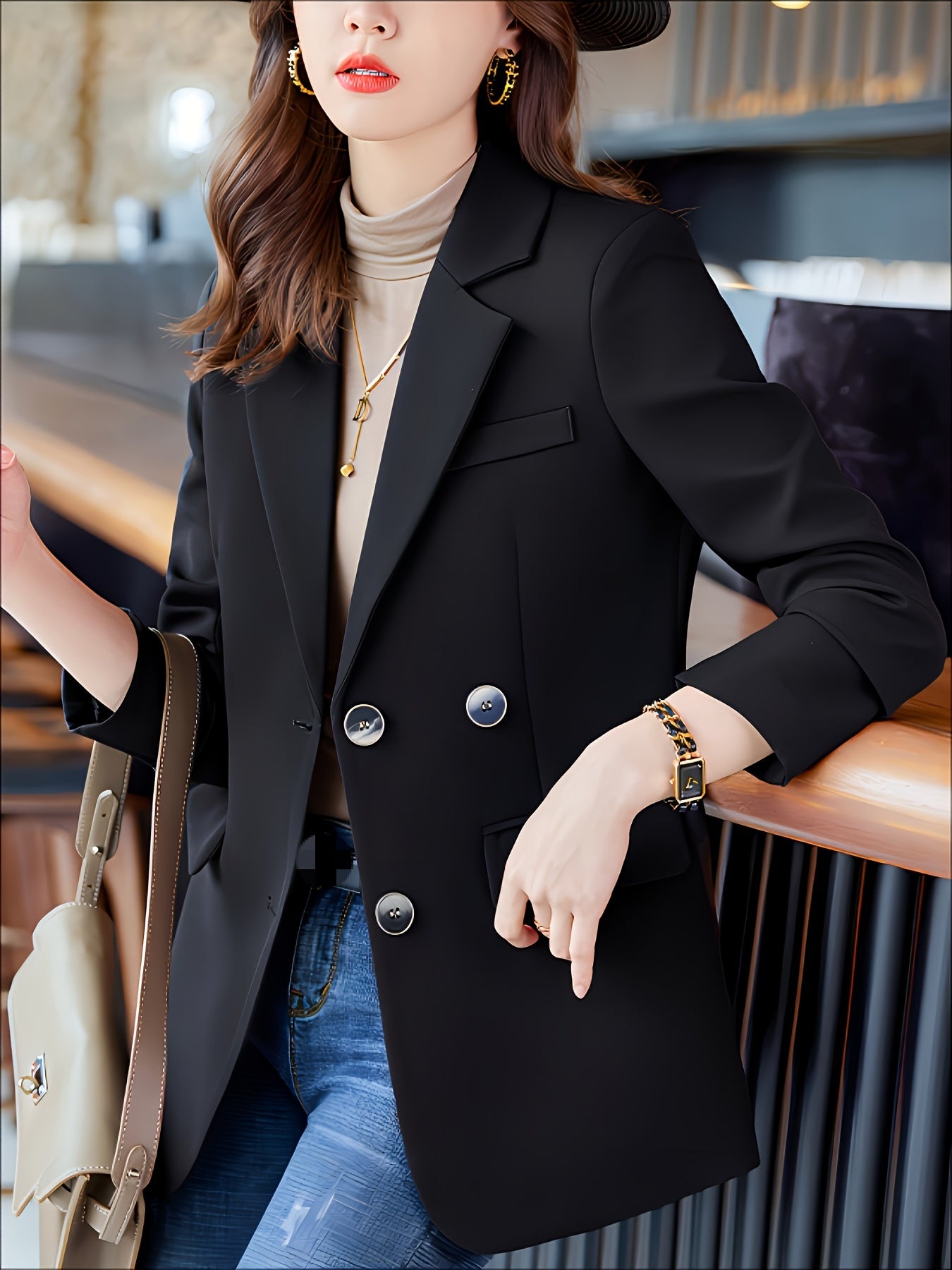 gbolsos Solid Color Open Front Blazer, Elegant Lapel Neck Double Breasted Long Sleeve Split Blazer For Every Day, Women's Clothing