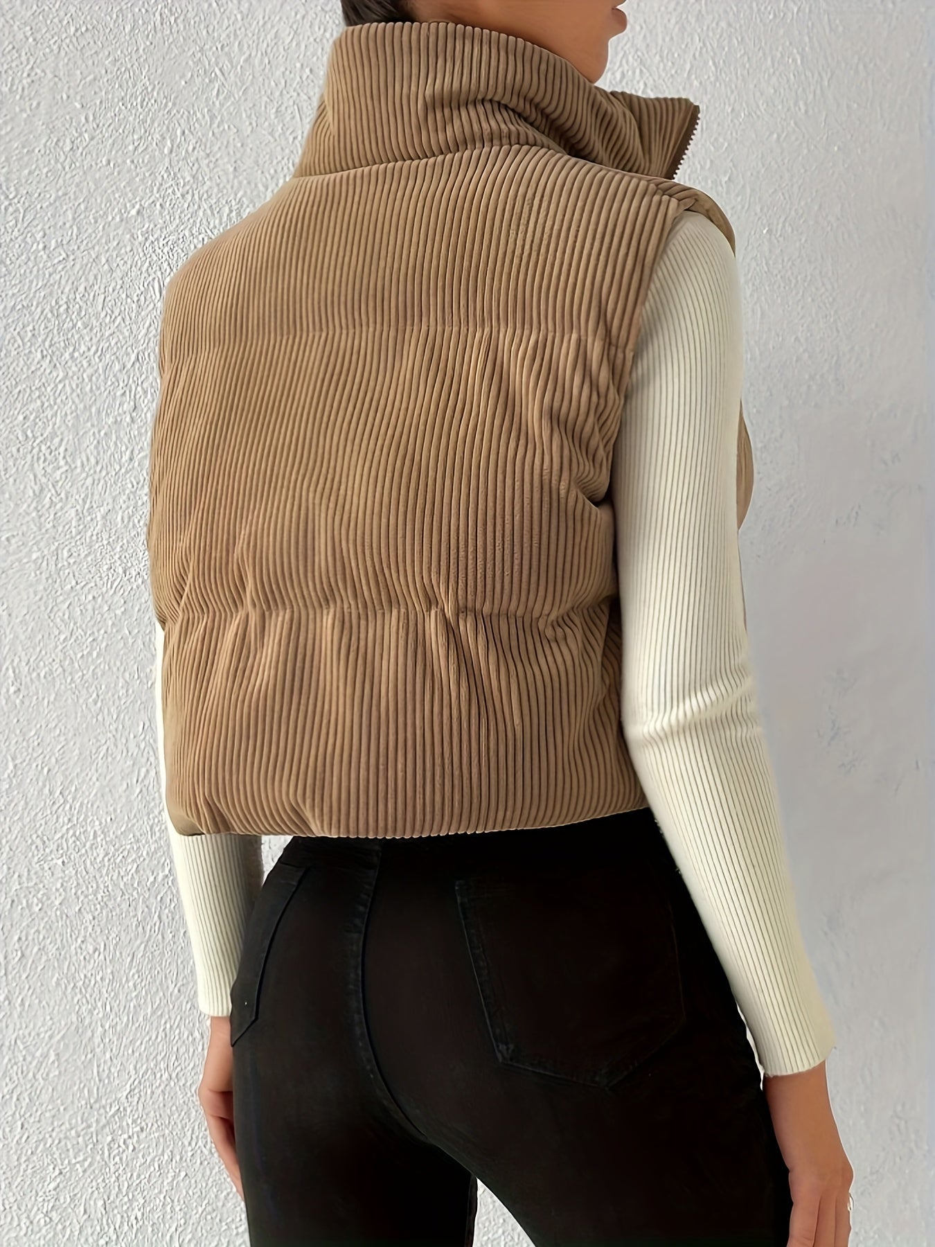 gbolsos Solid Color Zip-up Puffy Vest, Elegant Sleeveless Vest For Fall & Winter, Women's Clothing