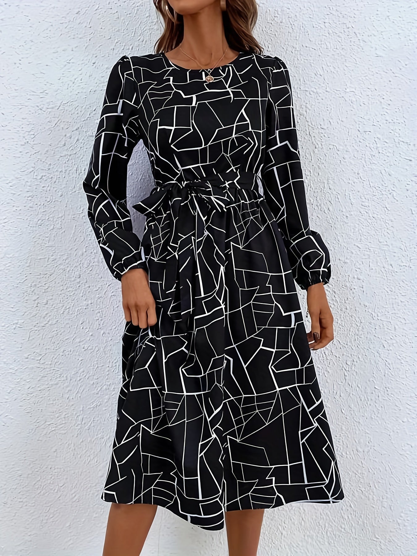 gbolsos Geo Print Dress, Casual Crew Neck Long Sleeve Midi Dress, Women's Clothing