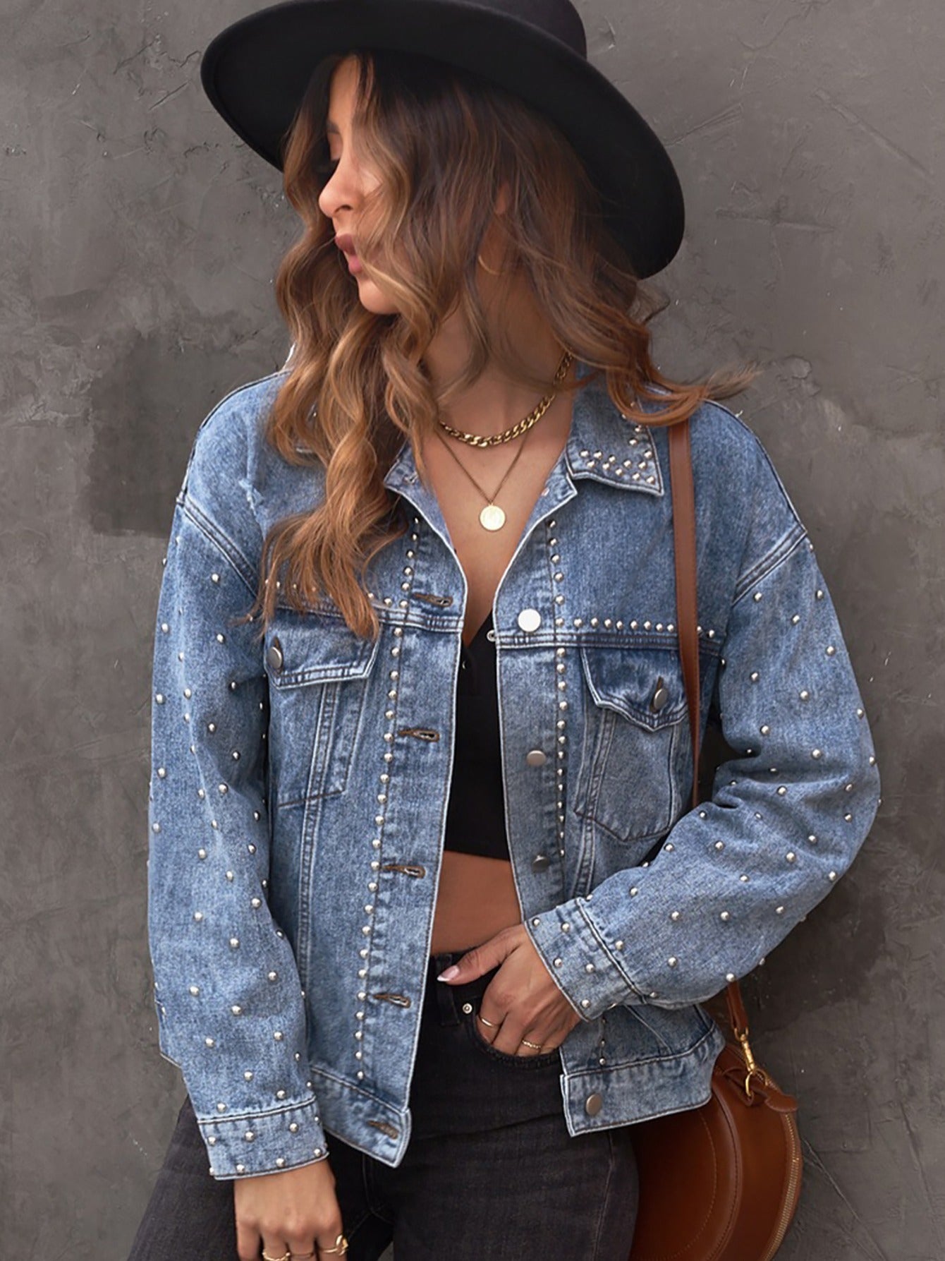 Sky Blue Long Sleeve Denim Coats, Flap Pockets Metal Ball Decor Single-Breasted Button Casual Denim Jackets, Women's Denim Clothing