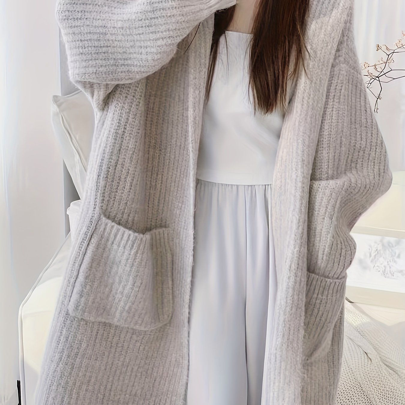 gbolsos Solid Open Front Hooded Cardigan, Versatile Long Sleeve Patched Pockets Cardigan For Fall & Winter, Women's Clothing