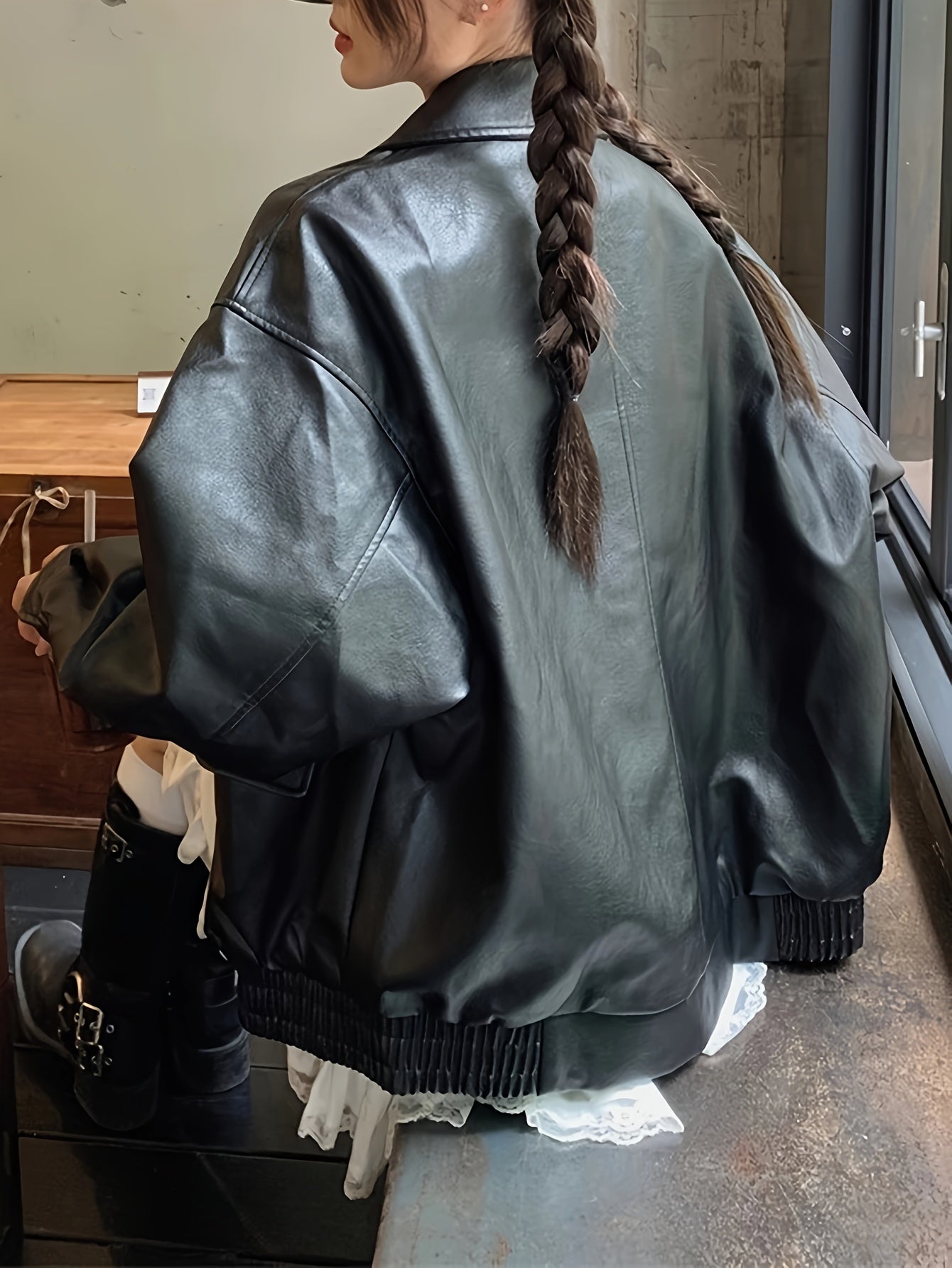 gbolsos Solid Faux Leather Zipper Jacket, Vintage Oversized Long Sleeve Outwear For Fall & Winter, Women's Clothing