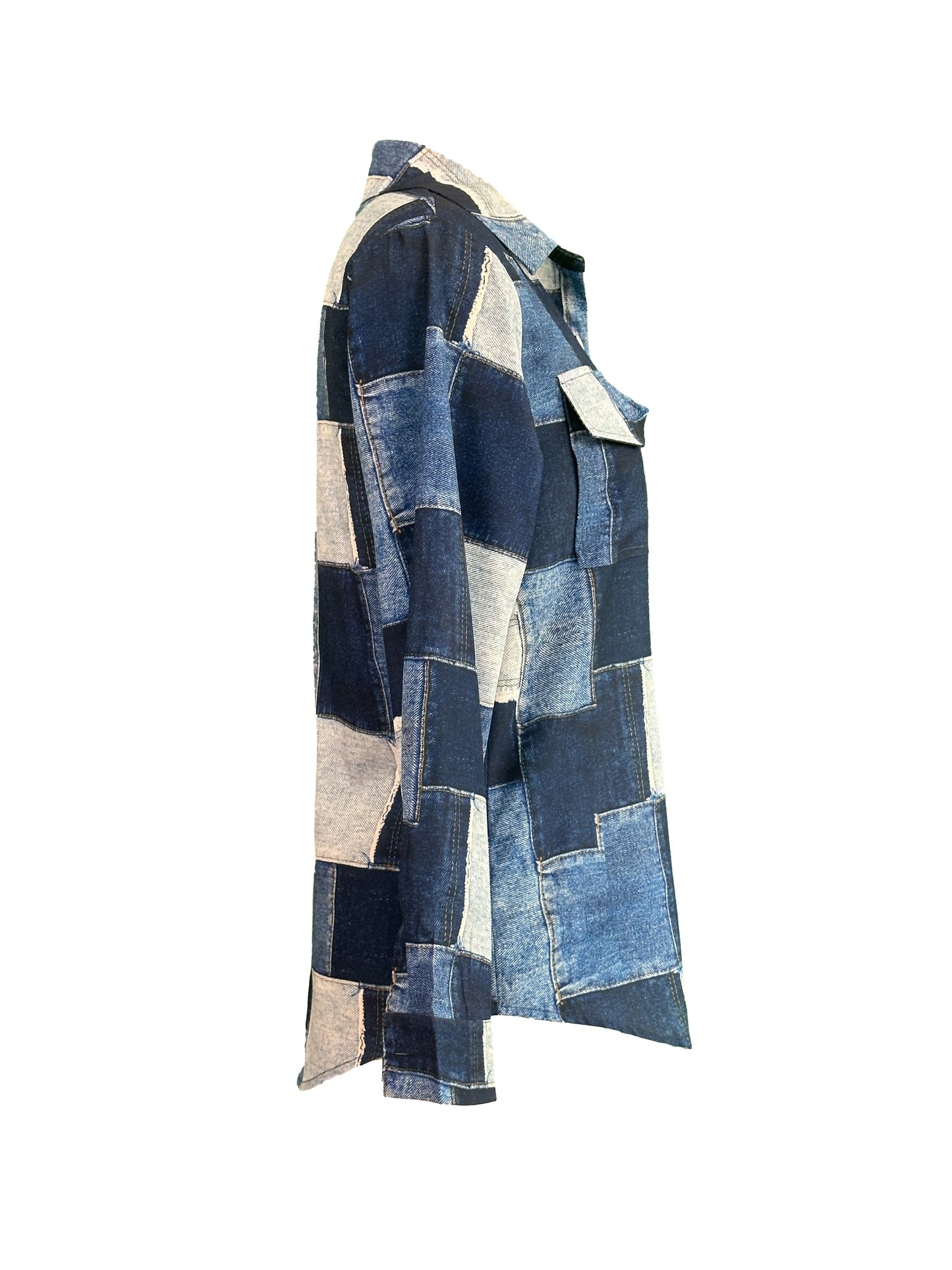 Denim Plaid Print Button Front Shirt, Casual Long Sleeve Shirt, Women's Clothing