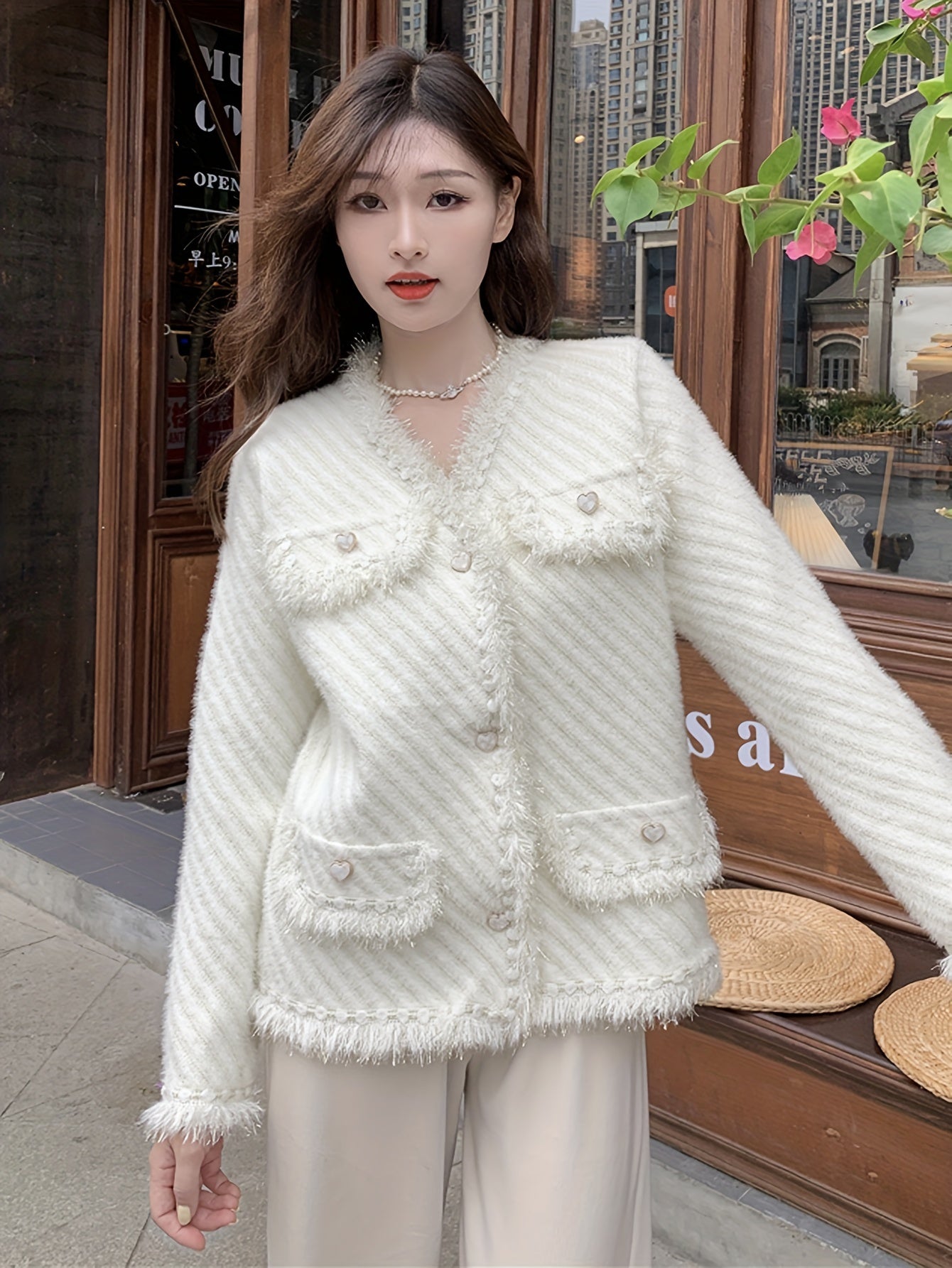 gbolsos Solid Button Front Tassel Cardigan, Elegant Long Sleeve Drop Shoulder Outwear, Women's Clothing