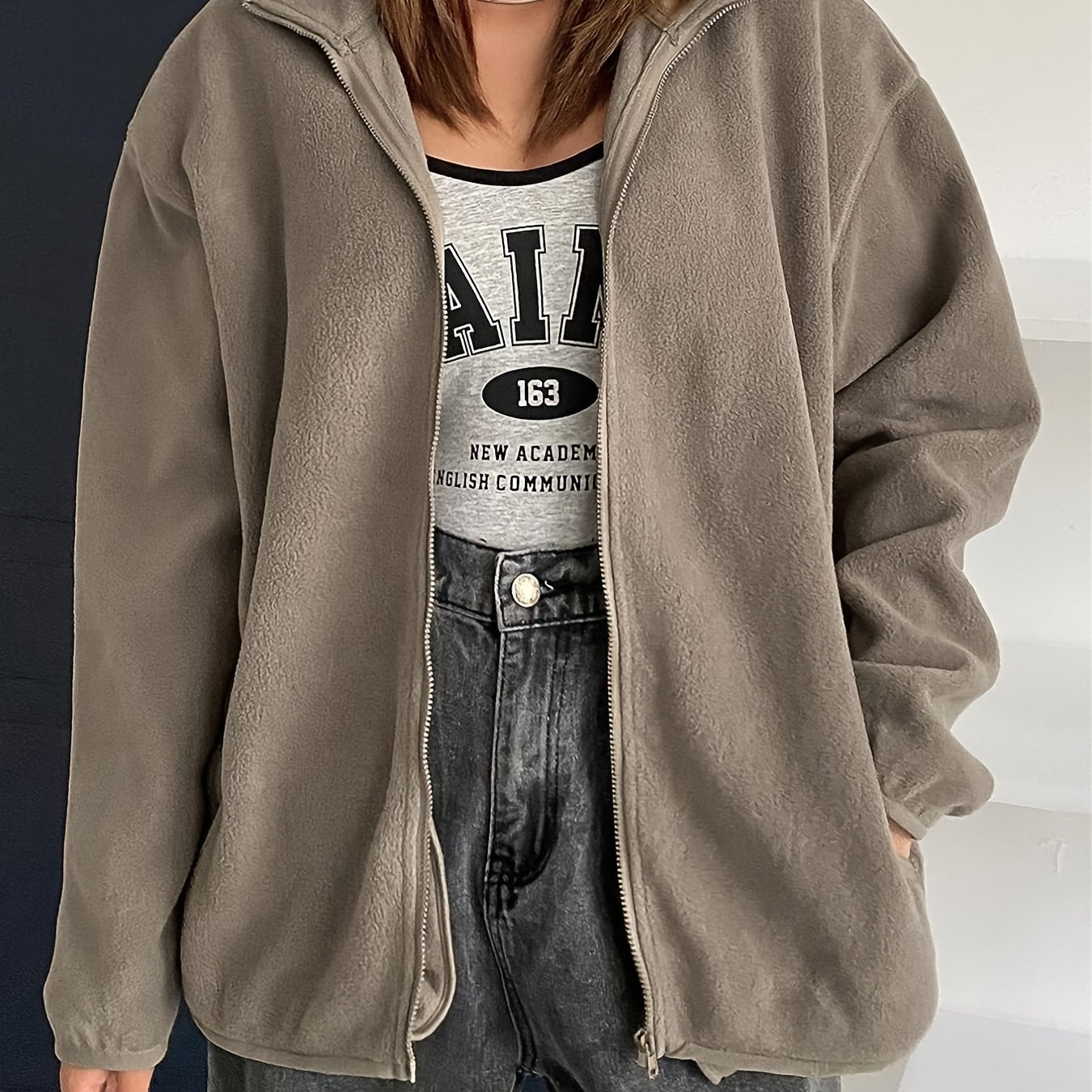 gbolsos Zip Up Simple Jacket, Casual Solid Long Sleeve Outerwear, Women's Clothing