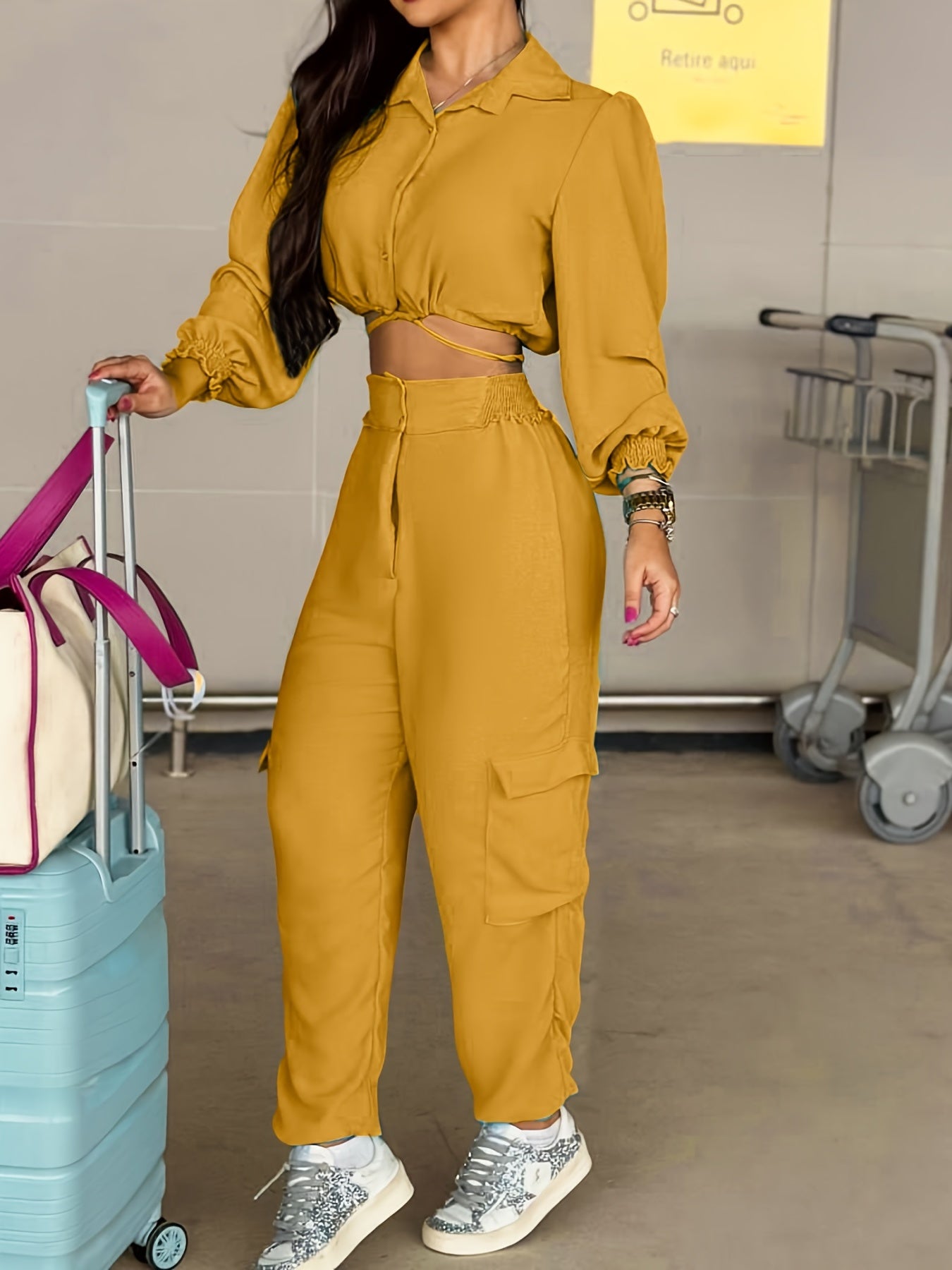 gbolsos Solid Casual Two-piece Set, Button Front Long Sleeve Tops & High Waist Pants Outfits, Women's Clothing