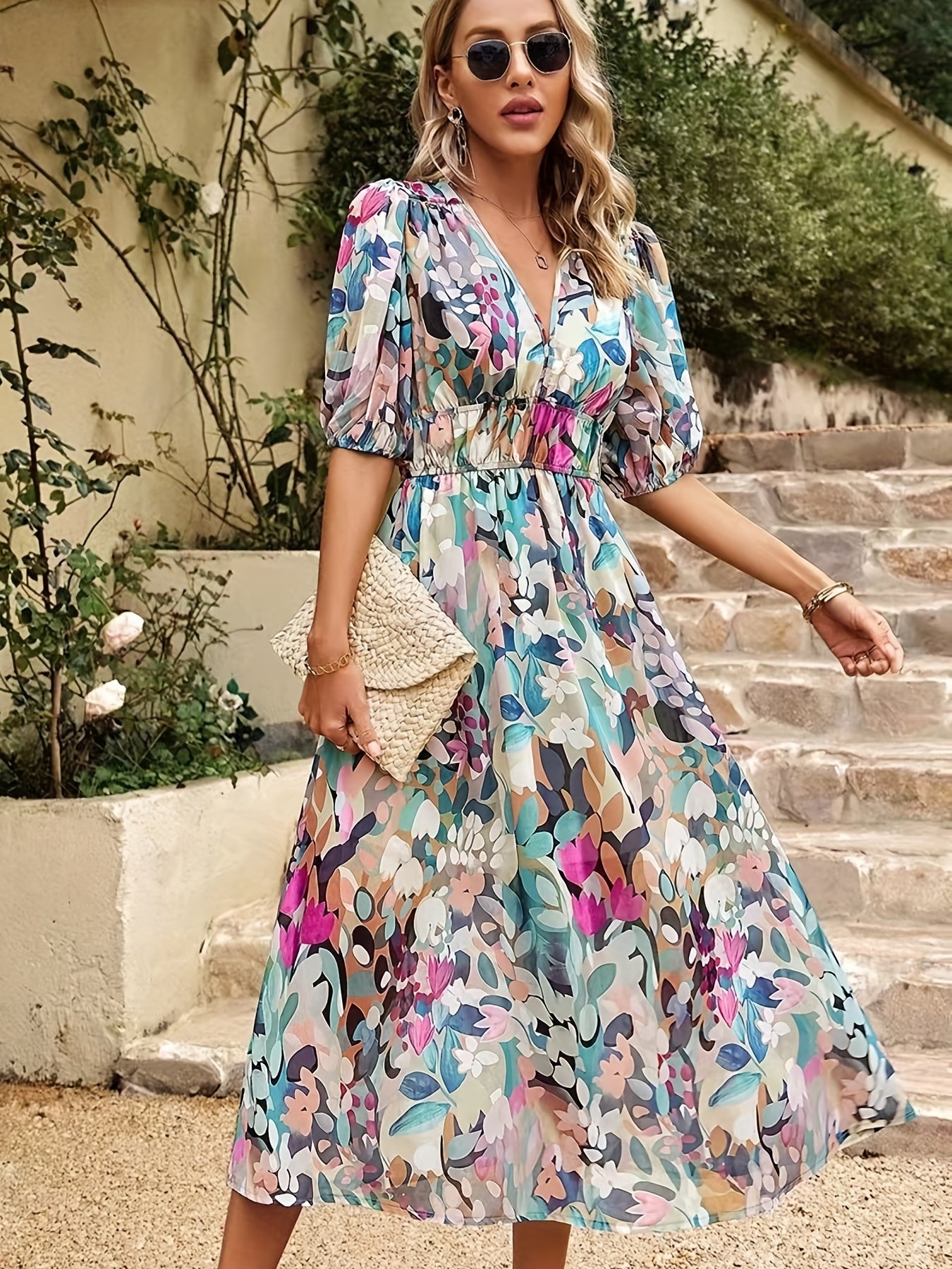 gbolsos Floral Print V Neck Dress, Boho Short Sleeve Ruched Waist Dress For Spring & Summer, Women's Clothing