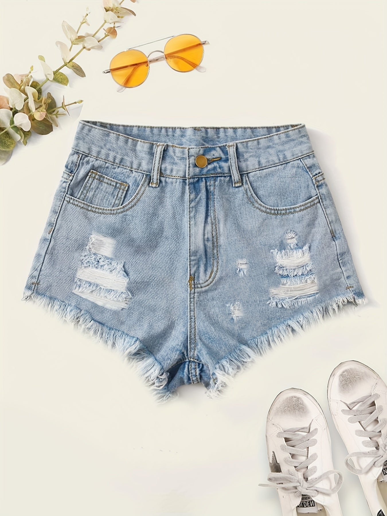 gbolsosHigh Waist Distressed Ripped Shorts, Raw Hem Slash Pockets Vintage Denim Pants, Women's Denim Jeans & Clothing