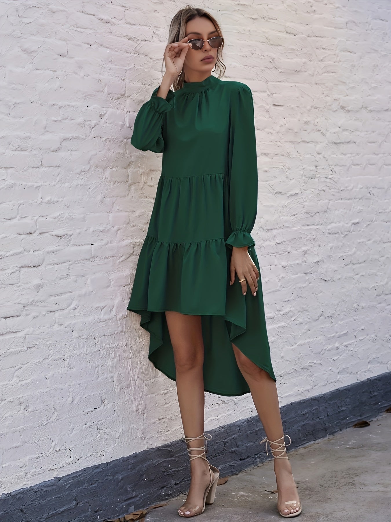 Dipped Hem Ruched Dress, Elegant Solid Tie Back Long Sleeve Dress, Women's Clothing