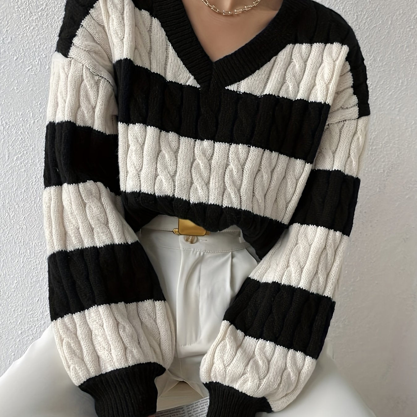 gbolsos Color Block Drop Shoulder Sweater, Casual Long Sleeve Sweater For Fall & Winter, Women's Clothing