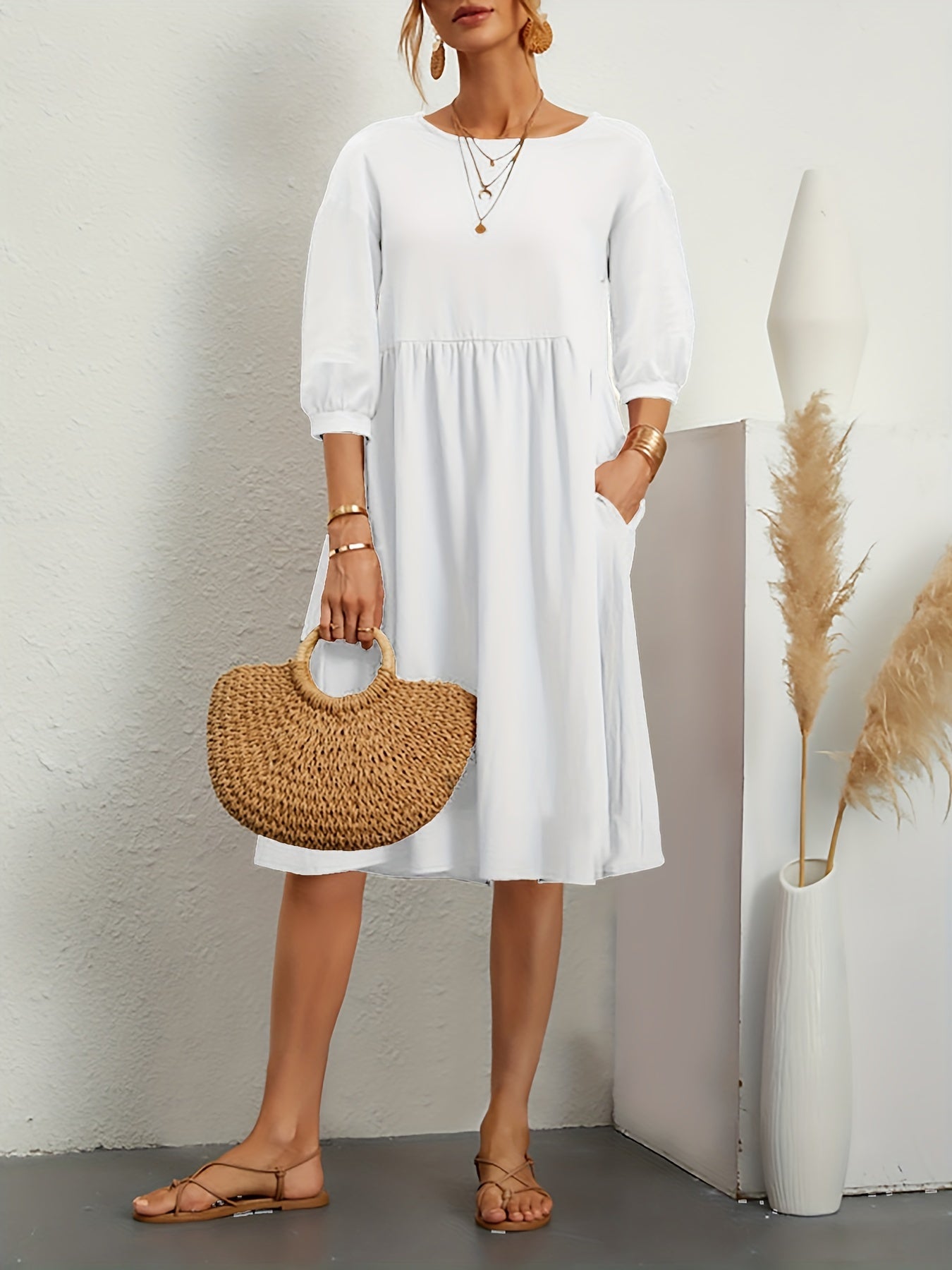 Lantern Sleeve Pocket Dress, Casual Crew Neck Half Sleeve Dress, Women's Clothing