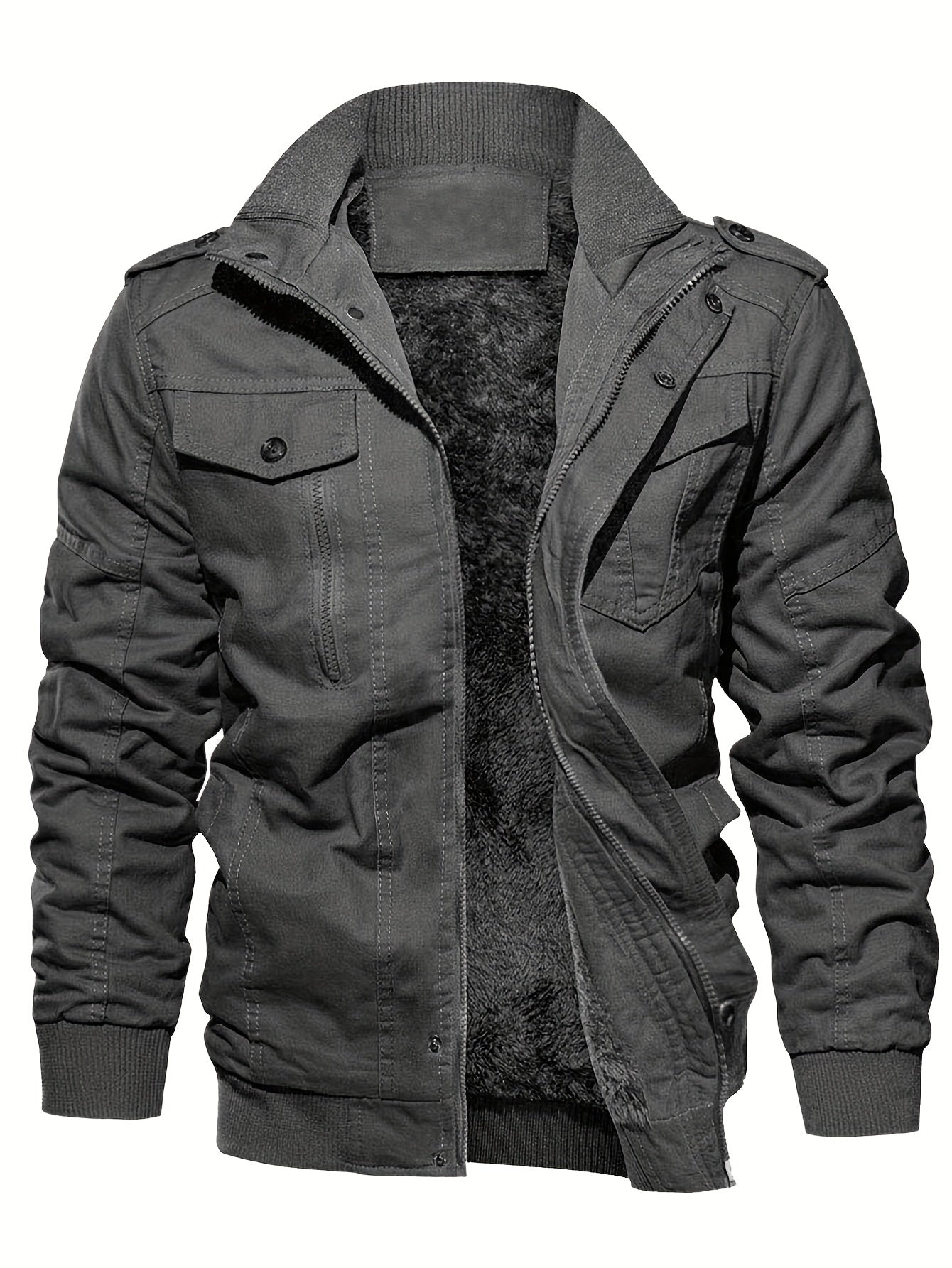 gbolsos Warm Plush Fleece Cotton Jacket, Men's Casual Zipper Pockets Stand Collar Jacket Coat For Fall Winter