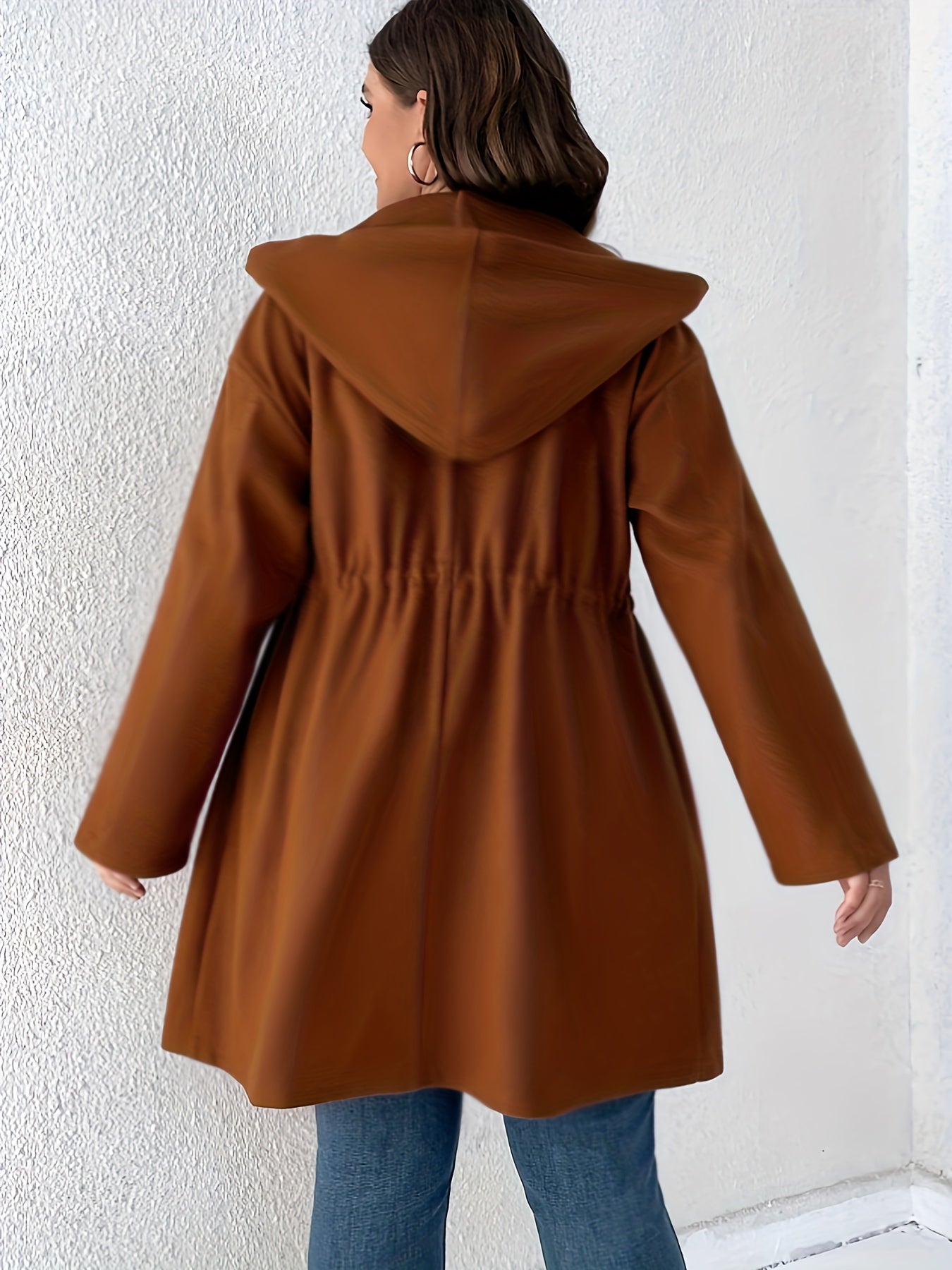Plus Size Casual Coat, Women's Plus Solid Long Sleeve Drawstring Hooded Coat With Pockets