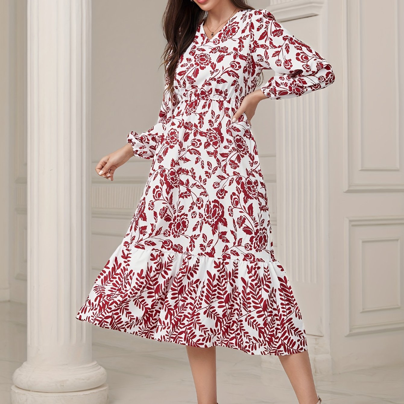 gbolsos Floral & Leaves Print V-neck Dress, Elegant Elastic Waist Long Sleeve Dress For Spring & Fall, Women's Clothing