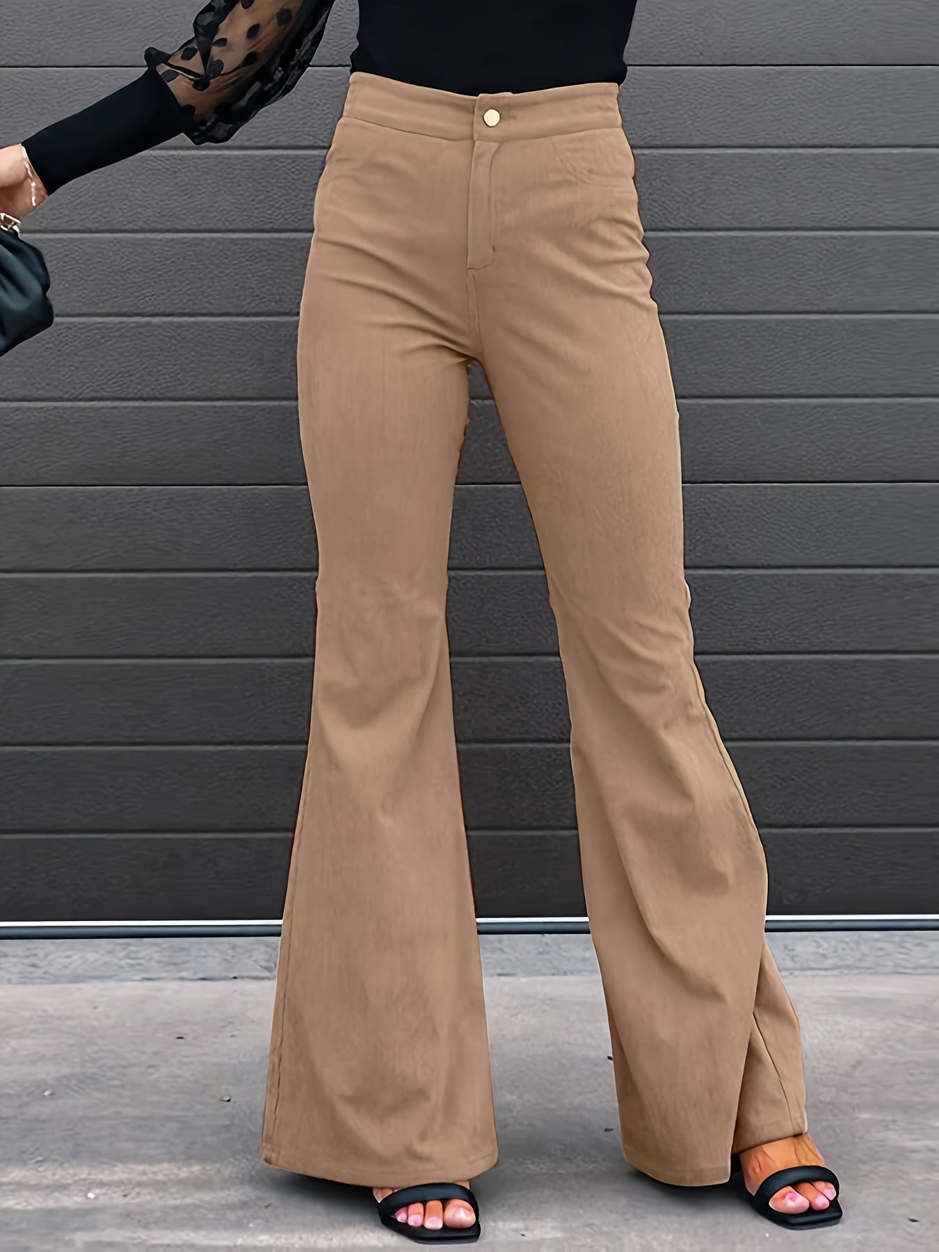 gbolsos Solid Color Corduroy Flare Leg Pants, Elegant Forbidden Pocket Pants For Spring & Fall, Women's Clothing