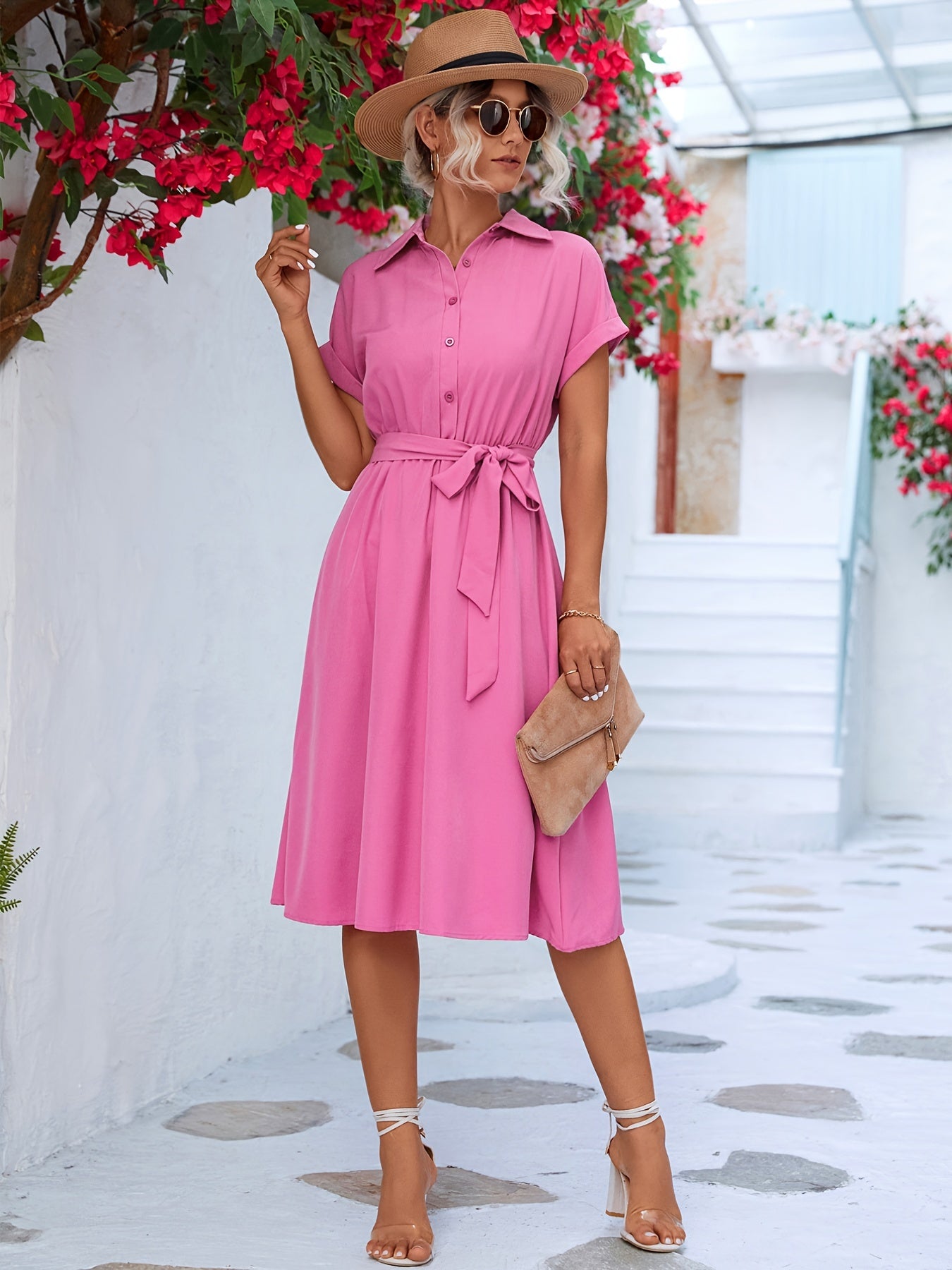 gbolsos Solid Belted Shirt Dress, Short Sleeve Casual Dress For Summer & Spring, Women's Clothing