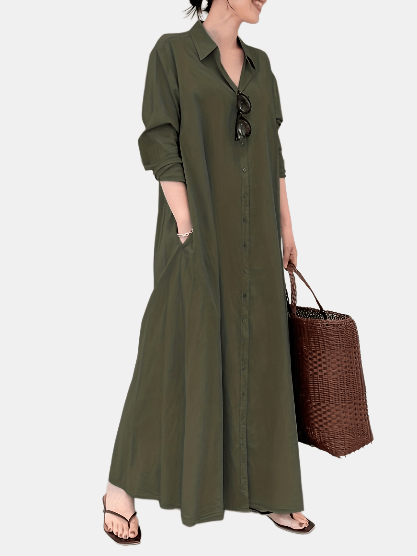 gbolsos Button Front Kaftan Dress, Casual Solid Long Sleeve Maxi Dress, Women's Clothing