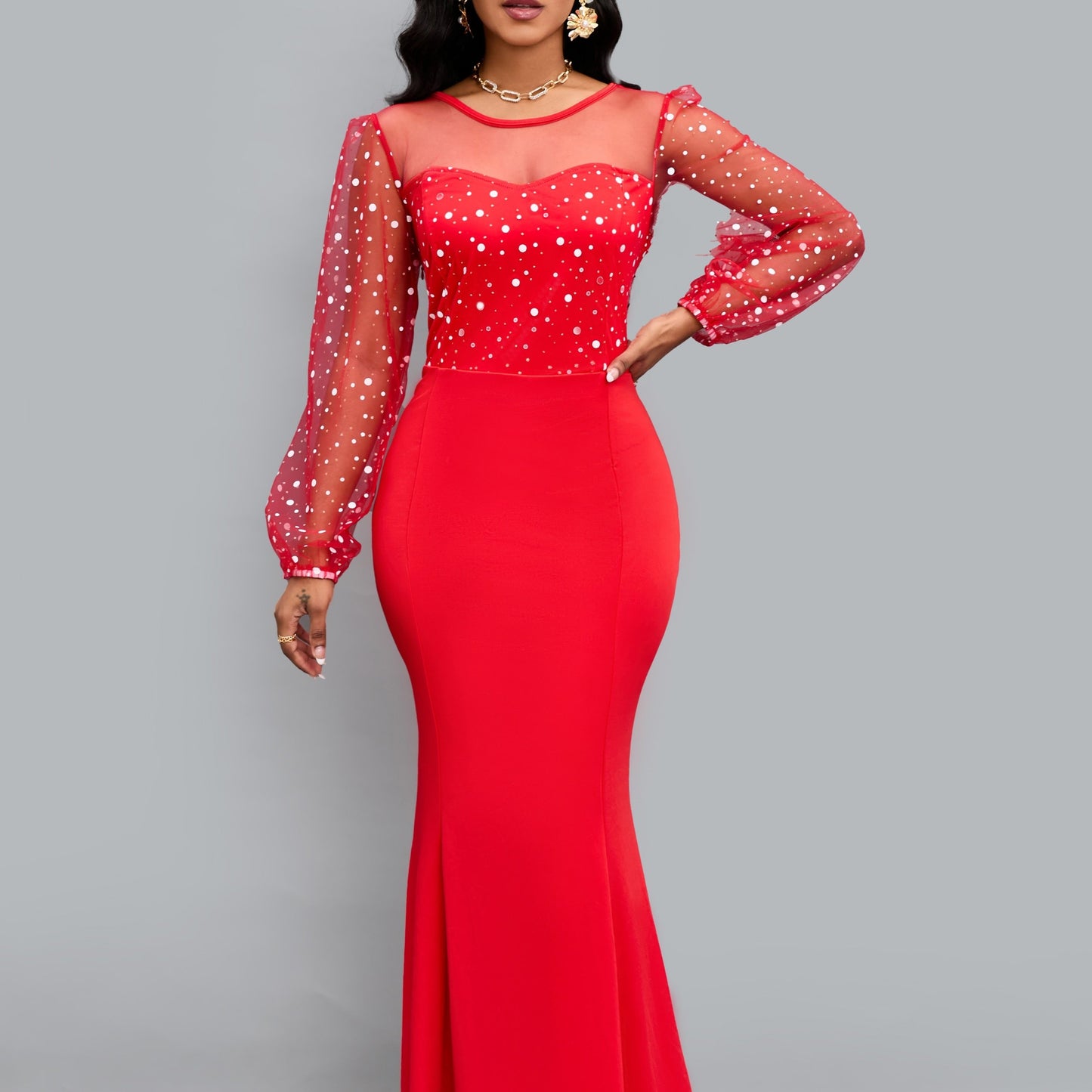 gbolsos Round Neck Mesh Stitching Dress, Elegant Slim Long Sleeve Waist Long Dresses, Women's Clothing