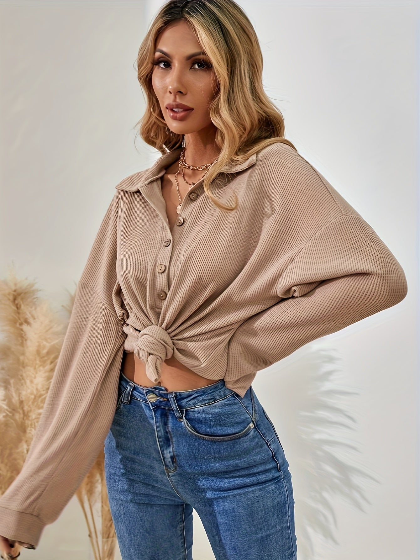 Solid Button Front Polo Collar T-Shirt, Casual Long Sleeve Top For Spring & Fall, Women's Clothing