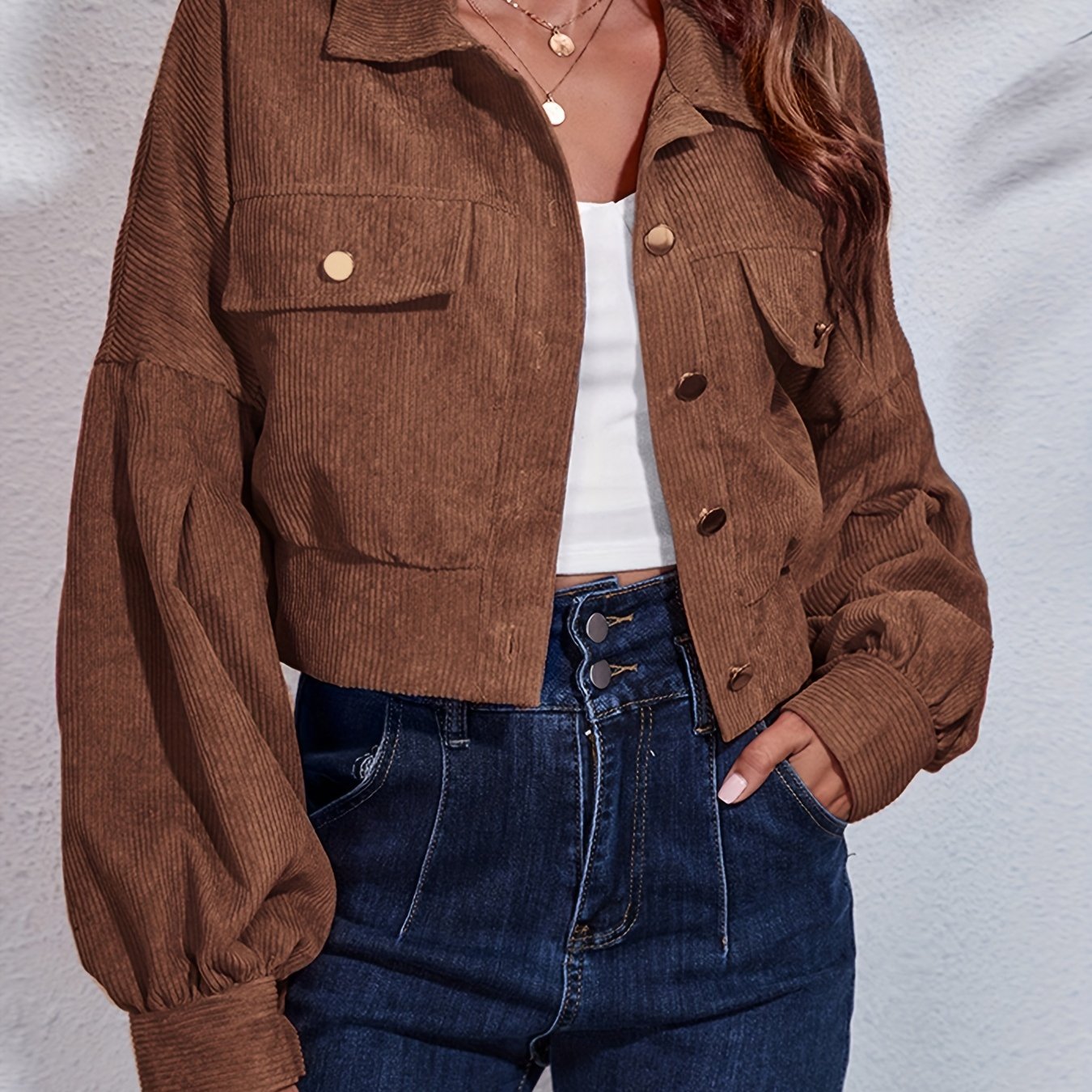 Solid Lantern Sleeve Ribbed Corduroy Cropped Jacket, Fashion Winter Coats, Women's Clothing