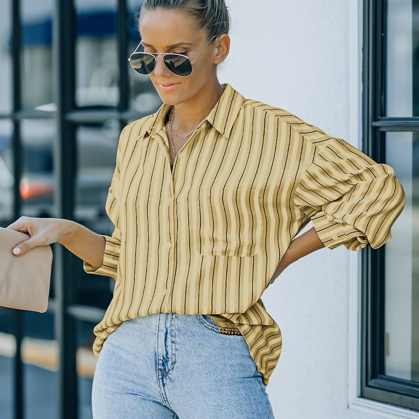 gbolsos Striped Collar Buttons Shirt, Casual Pockets Long Sleeve Drop Shoulder Shirt, Women's Clothing