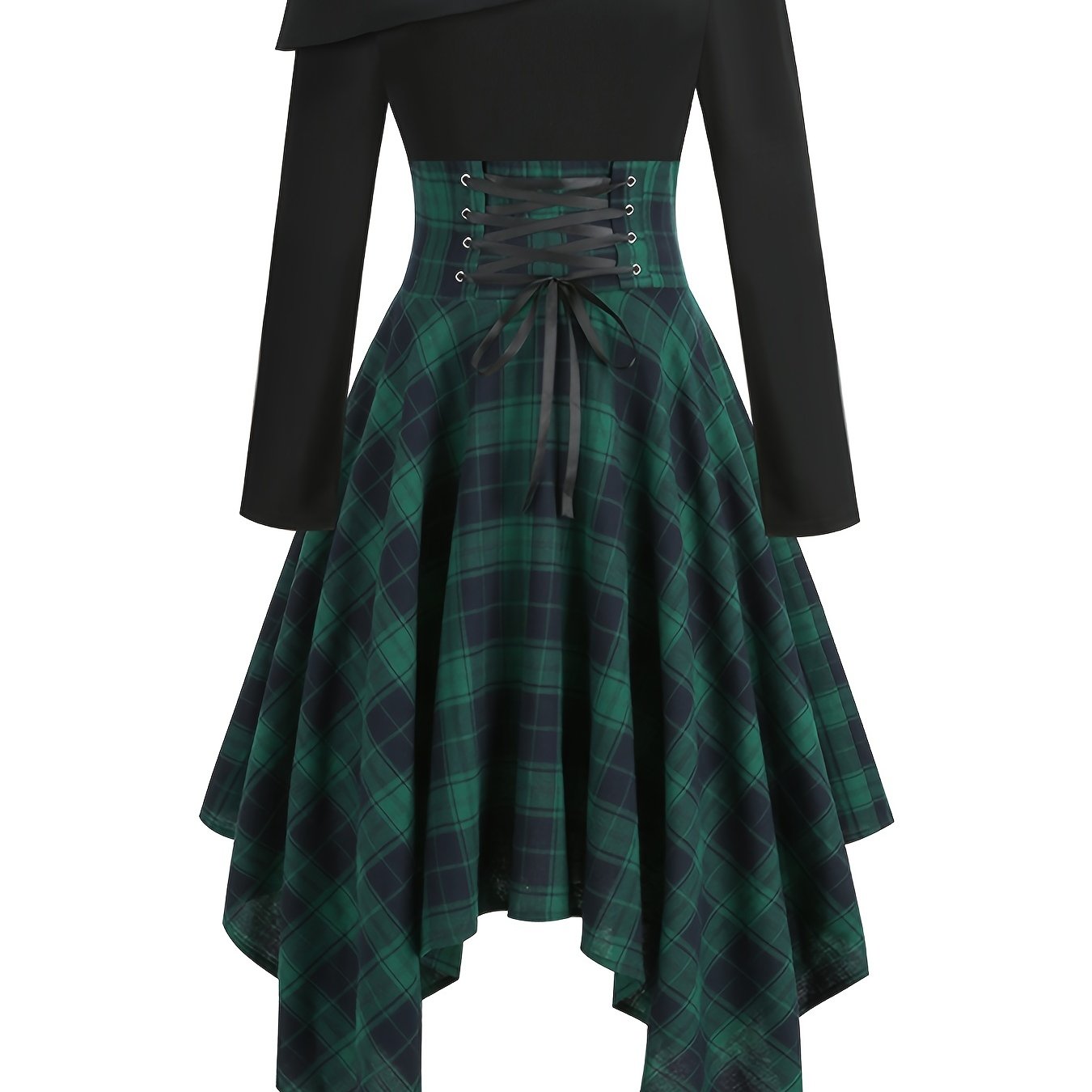 gbolsos Plaid Asymmetrical Hem Dress, Vintage Cold Shoulder Long Sleeve Dress, Women's Clothing