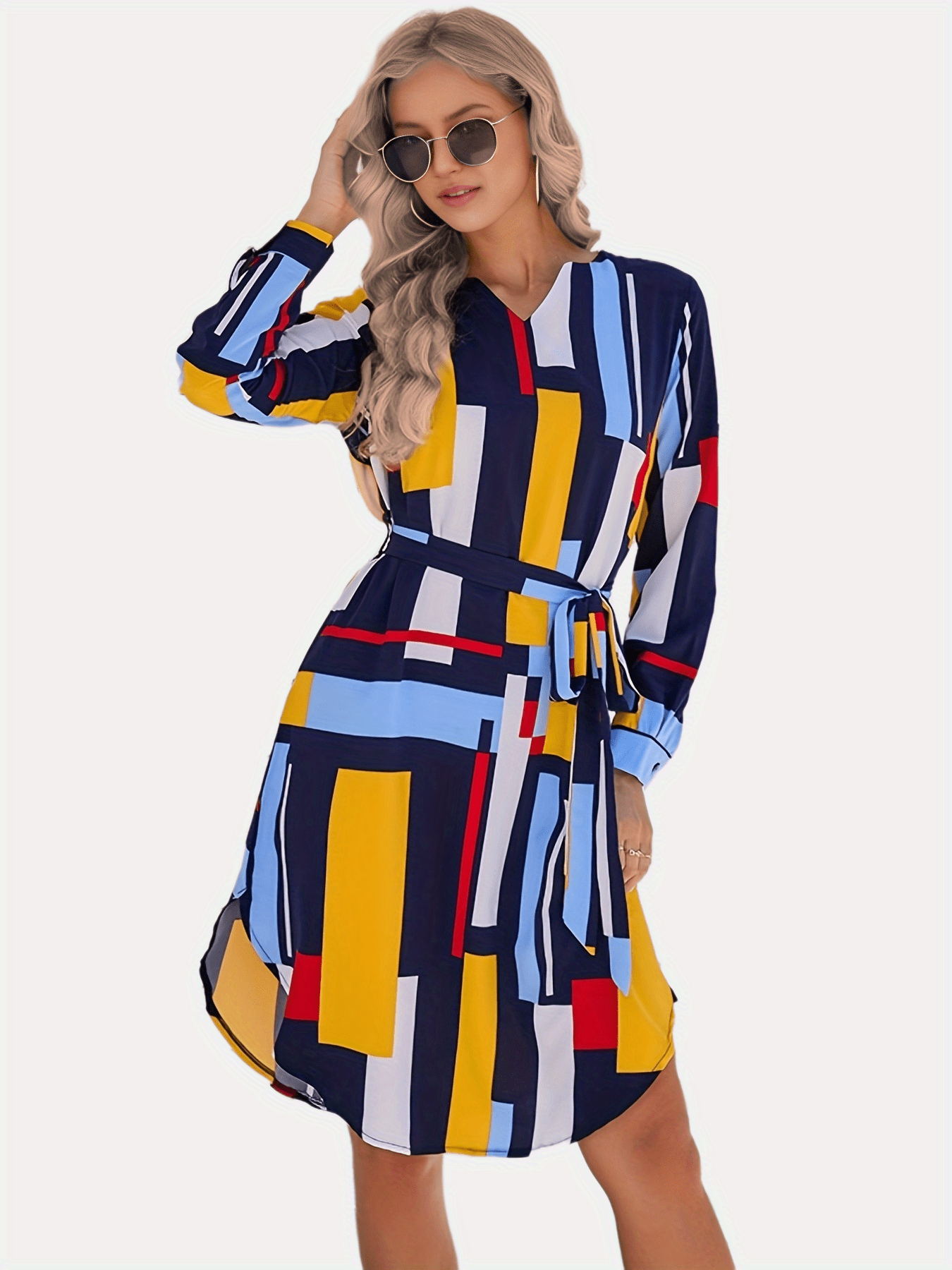 Color Block Belt V Neck Dress, Casual Long Sleeve Dress For Spring & Fall, Women's Clothing