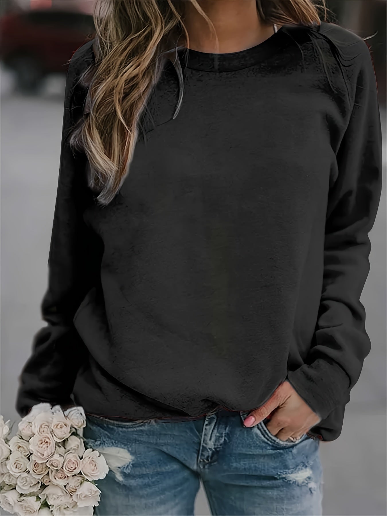 gbolsos Solid Crew Neck Pullover, Casual Fashion Loose Long Sleeve Sweatshirt, Women's Clothing